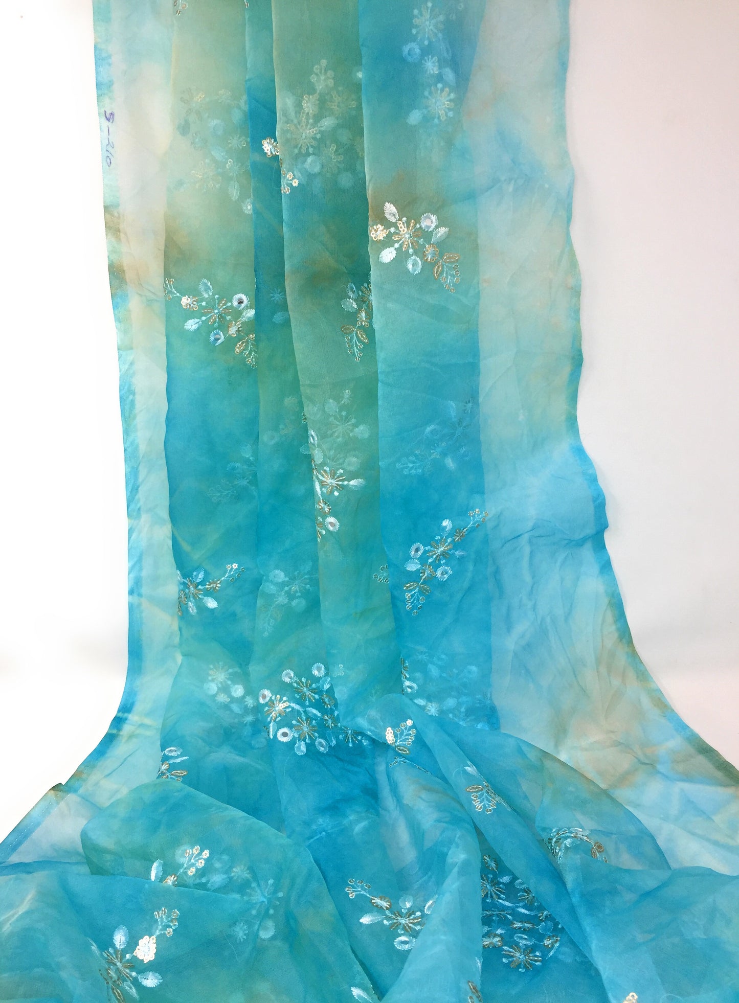 Organza Fabric Material in Blue Ochre, Embroidery Work