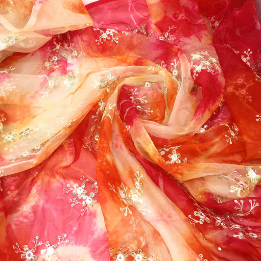 Organza Fabric Material in Pink, Red, Orange, Embroidery Work