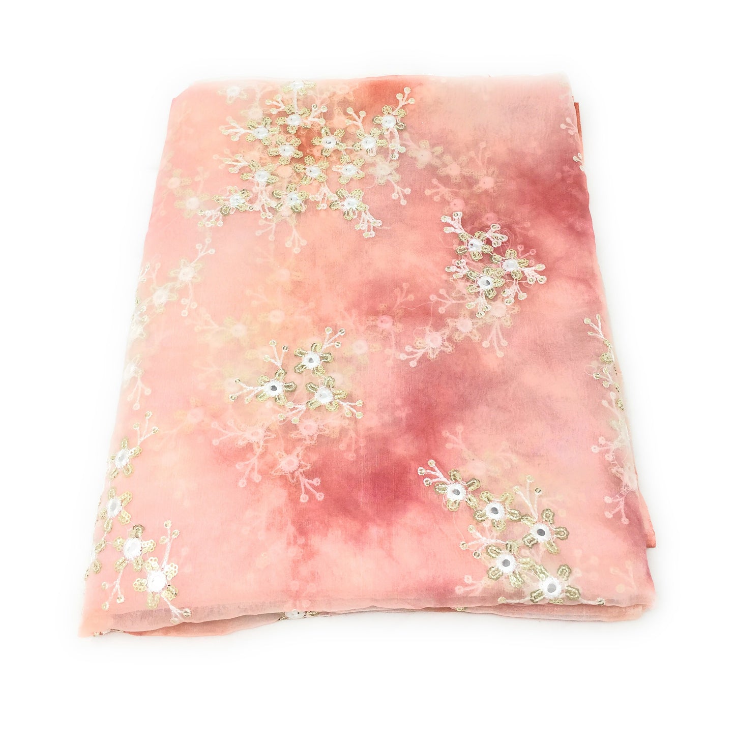 Organza Fabric Material in Pink, Peach, Embroidery Work