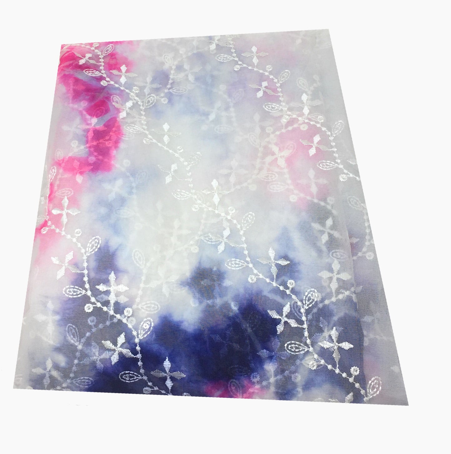Organza Fabric Material in White Base Pink, Purple, Ink Blue, Embroidery Work
