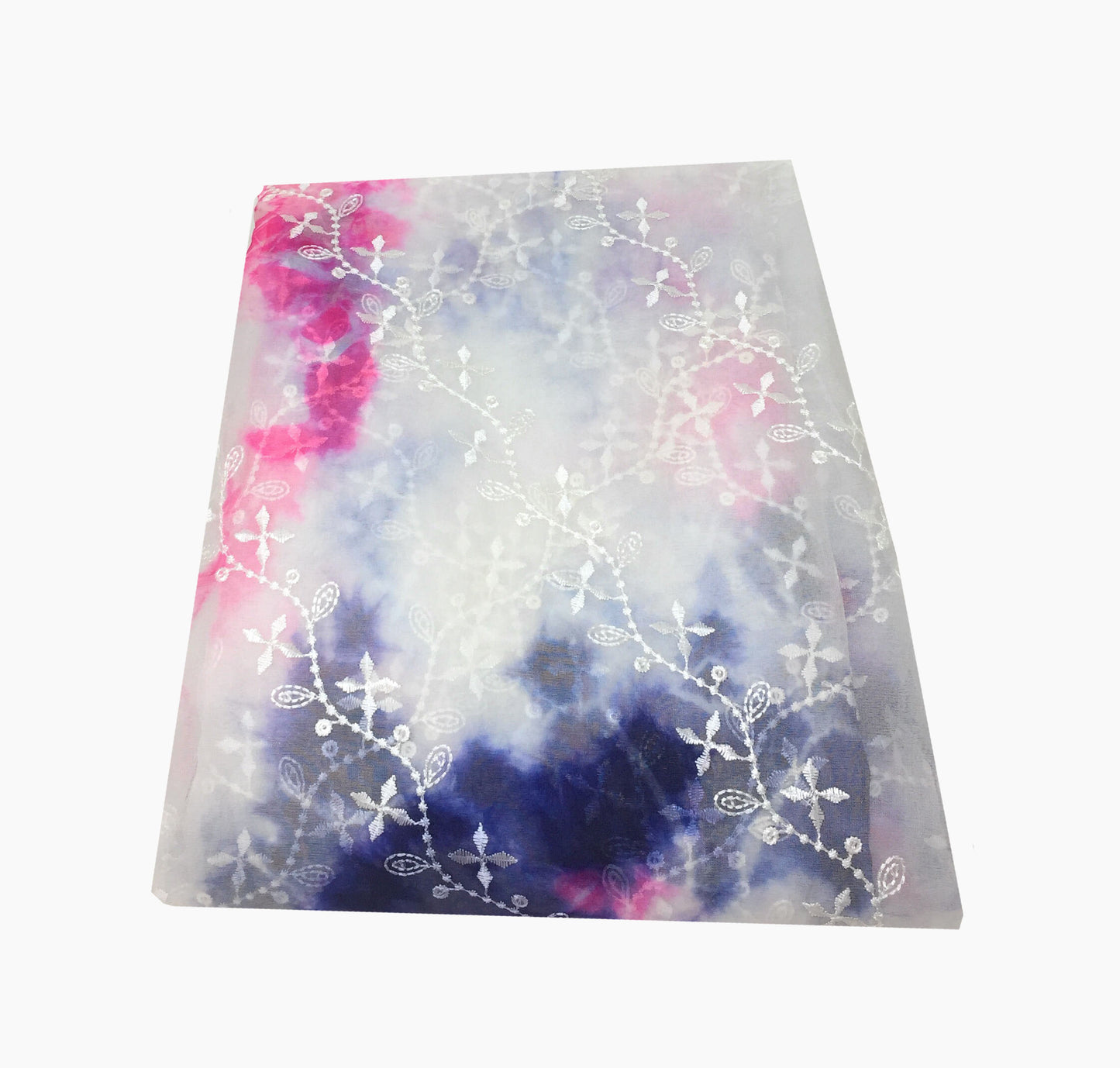 Organza Fabric Material in White Base Pink, Purple, Ink Blue, Embroidery Work