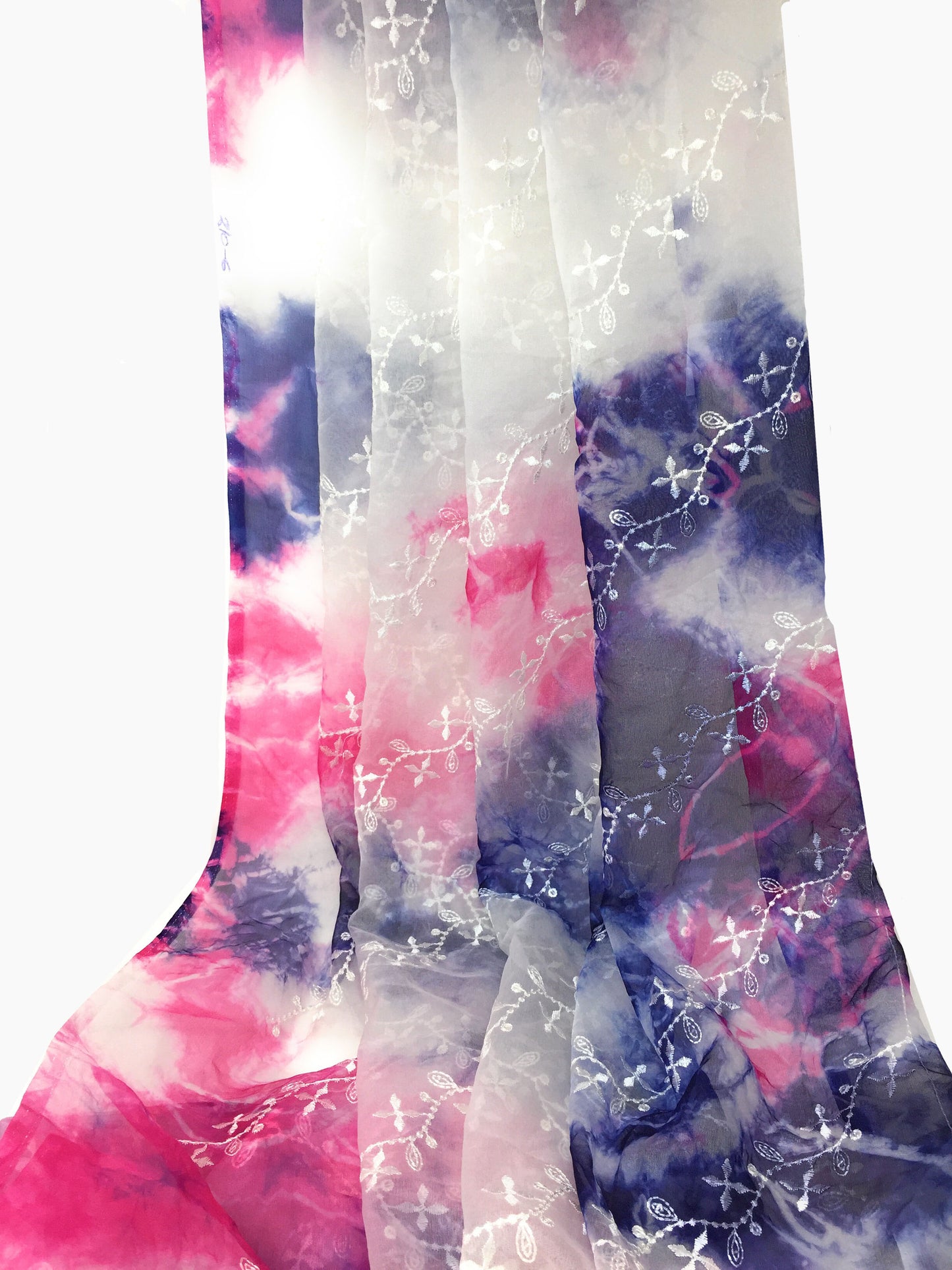 Organza Fabric Material in White Base Pink, Purple, Ink Blue, Embroidery Work