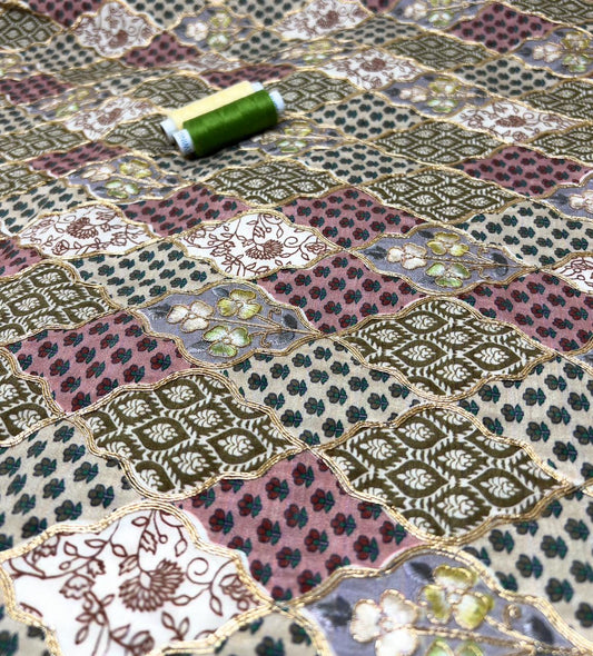 Green Gold Embroidered Printed Silk Fabric