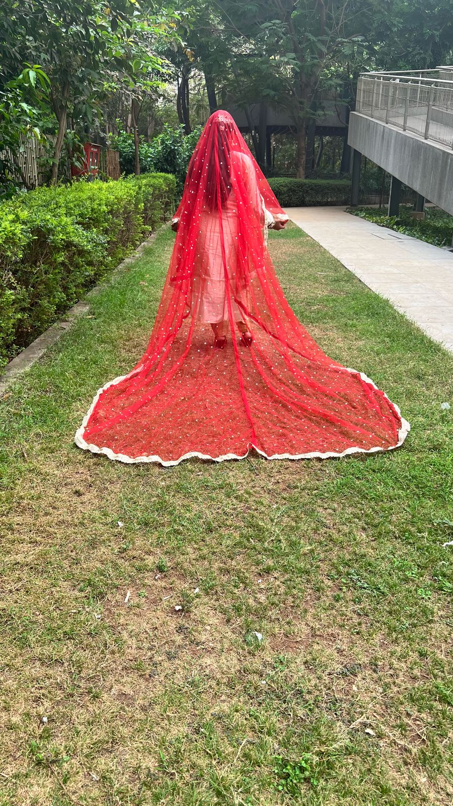 Bridal Entry Veil with Trail Dupatta for Indian Bride with removable Ghoonghat