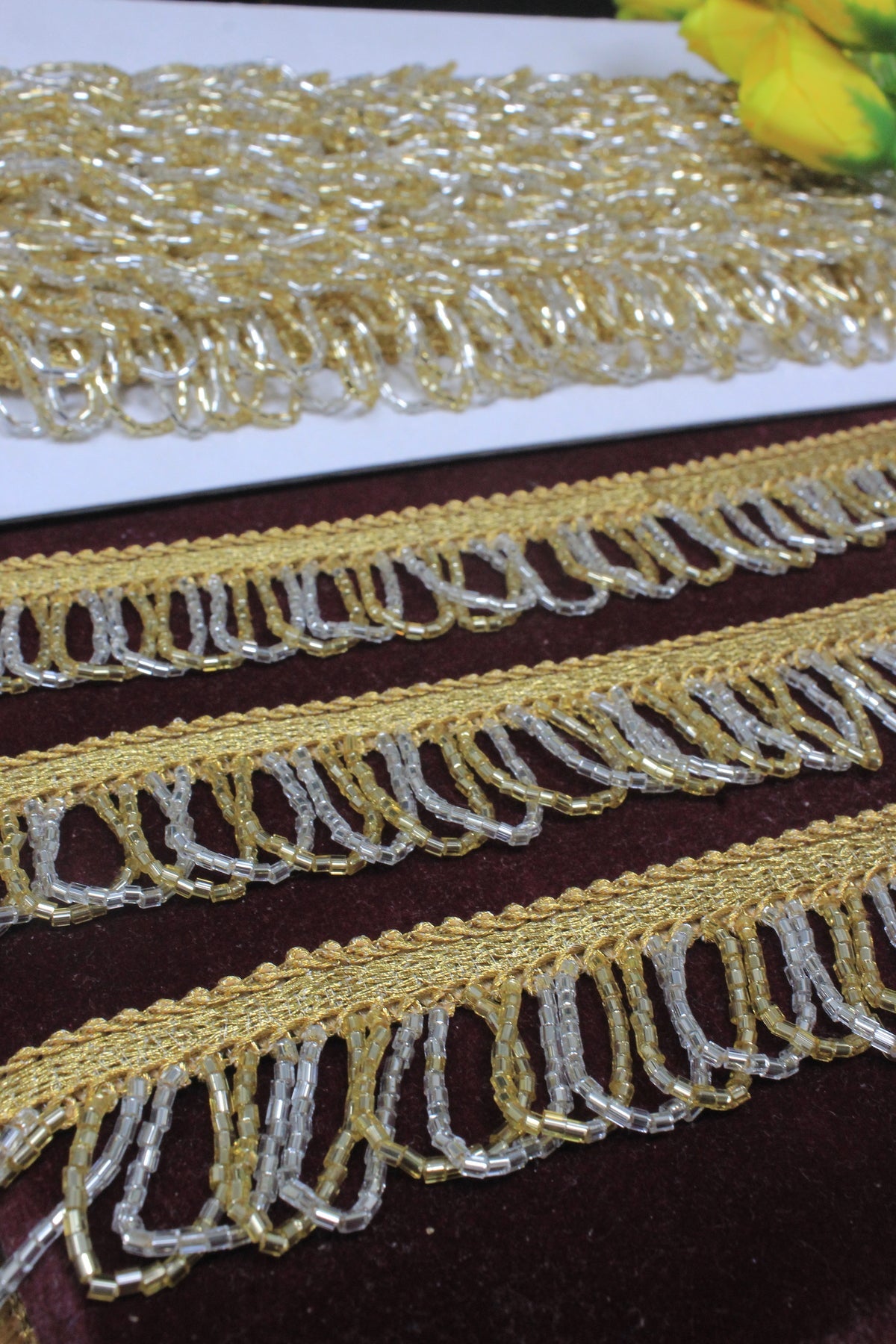 Latkan Lace In Gold & Water Gold, Cutdana - 3 Meter