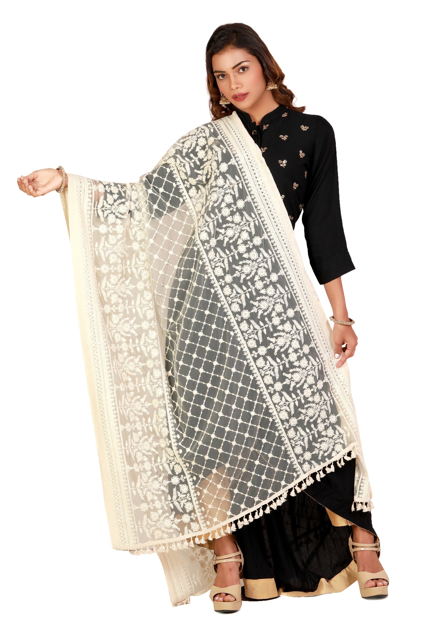 Delicate Designer Heavy Work Dupatta on Grey Net