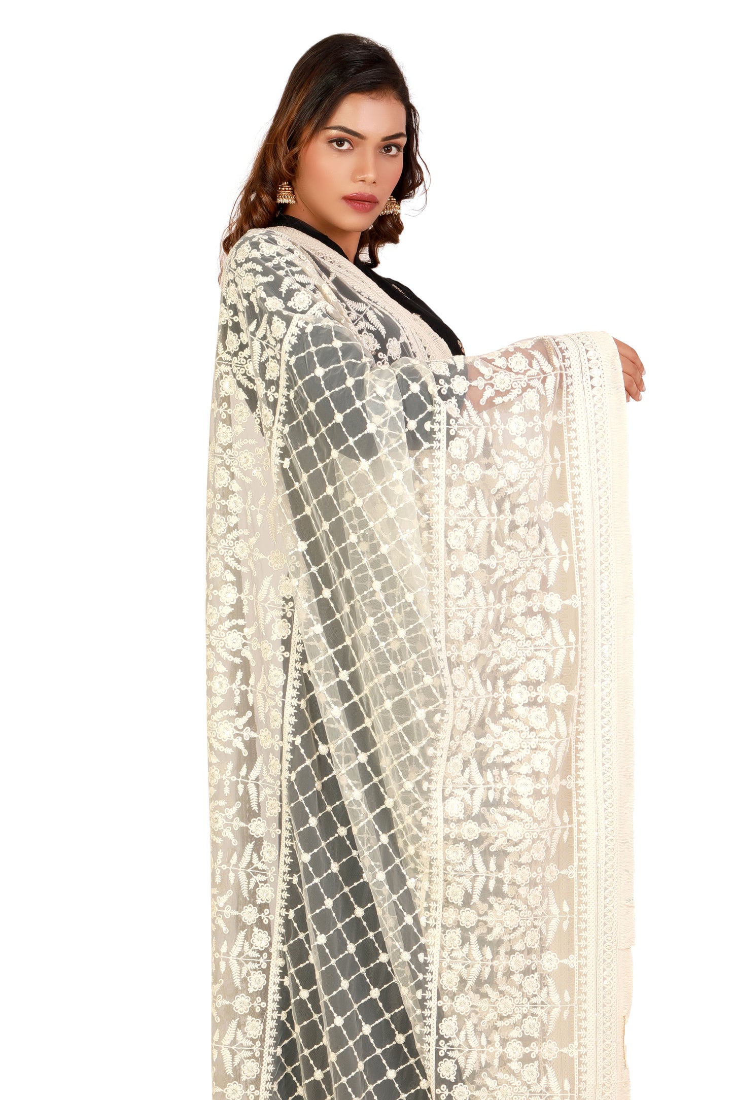 Delicate Designer Heavy Work Dupatta on Grey Net