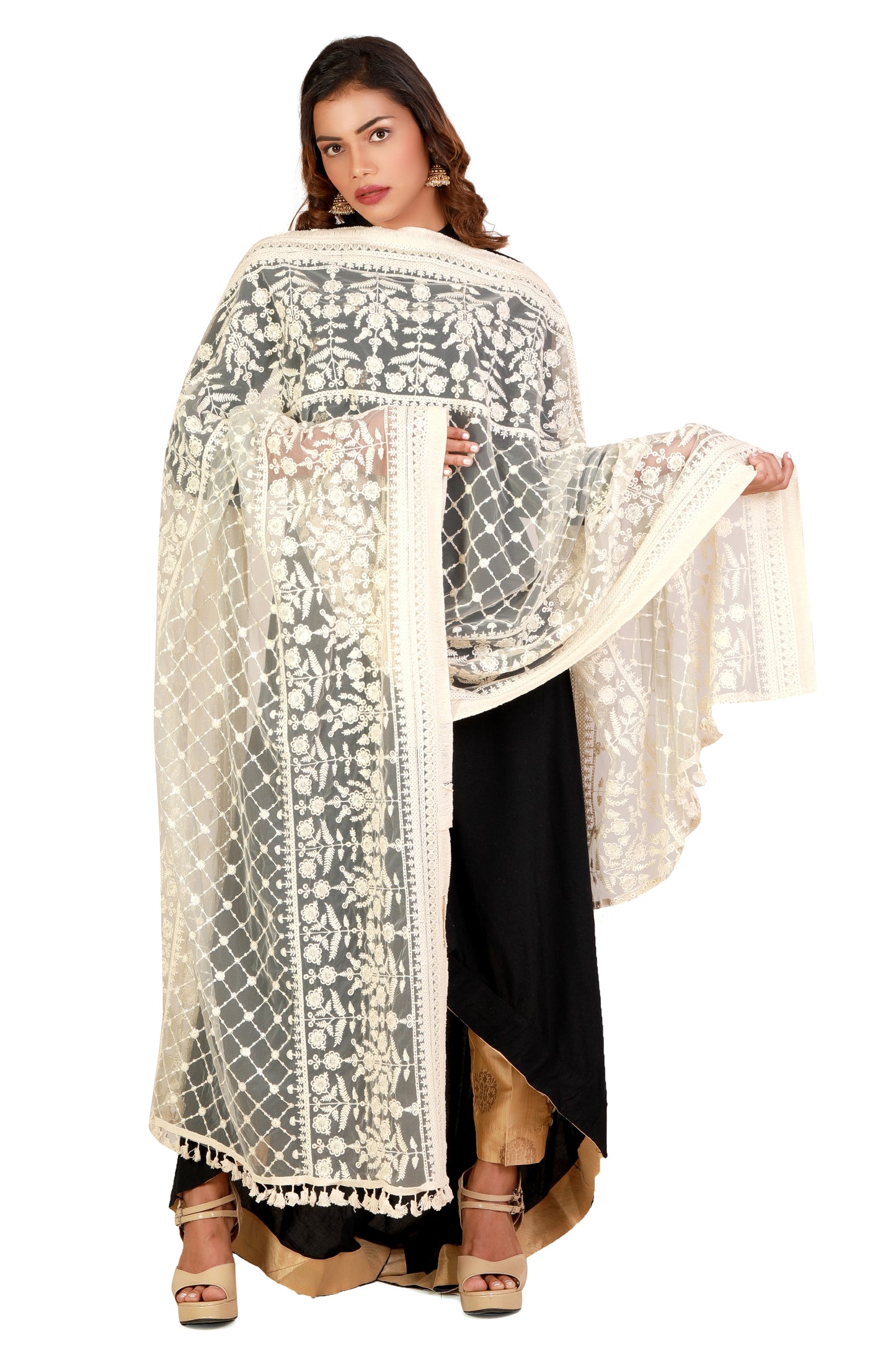 Delicate Designer Heavy Work Dupatta on Grey Net