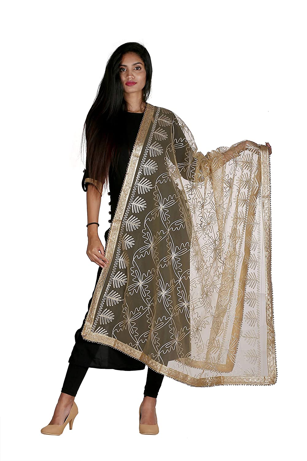 golden netted dupatta, gota patti embroidery