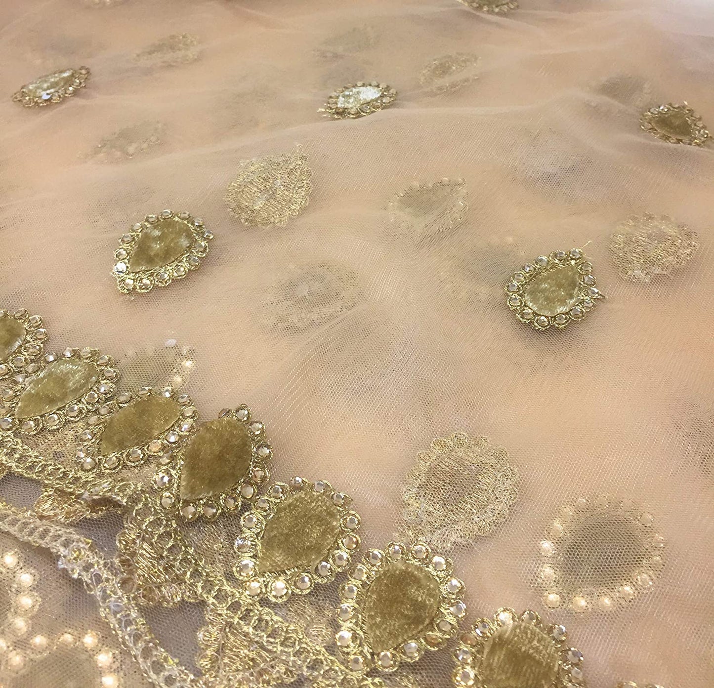 golden net dupatta for lehenga with velvet border stone work