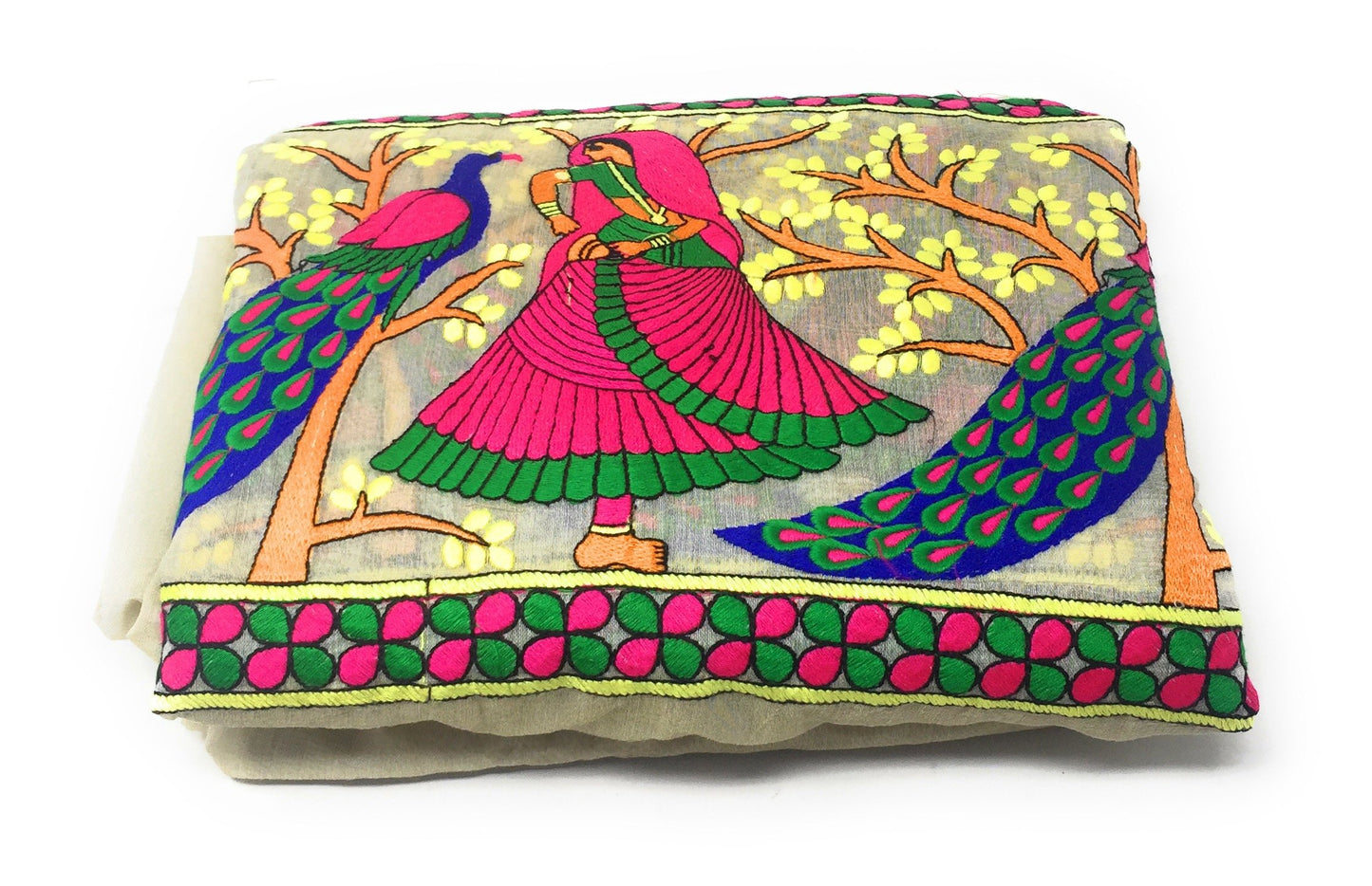Chanderi Cotton Mix Cream Embroidered Fabric Materia