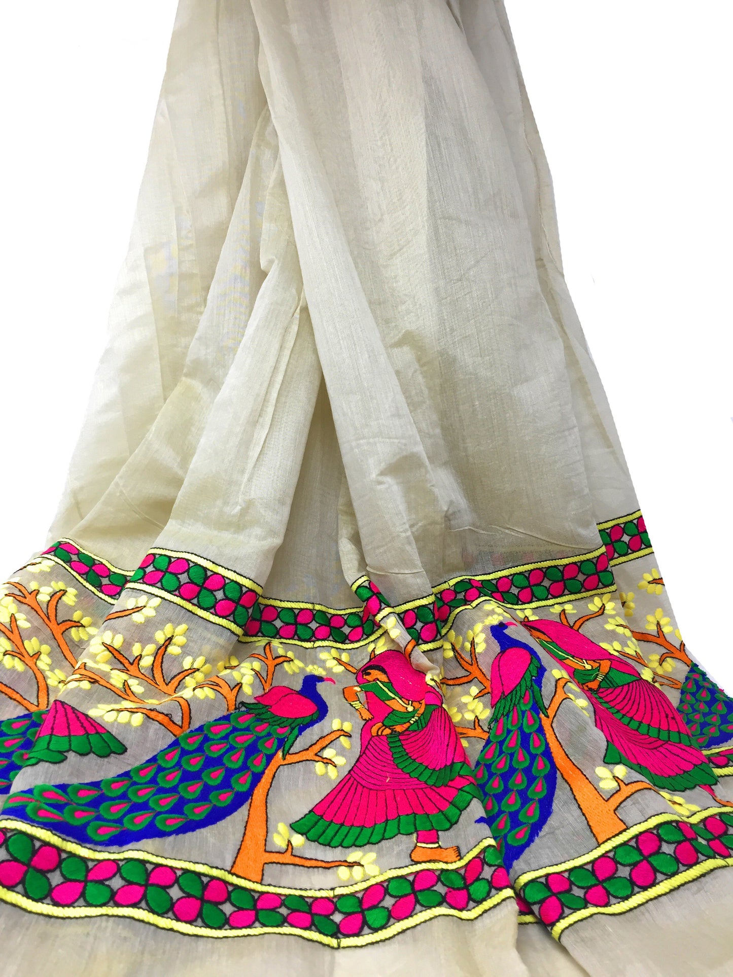 Chanderi Cream Embroidered Fabric Material by the yard