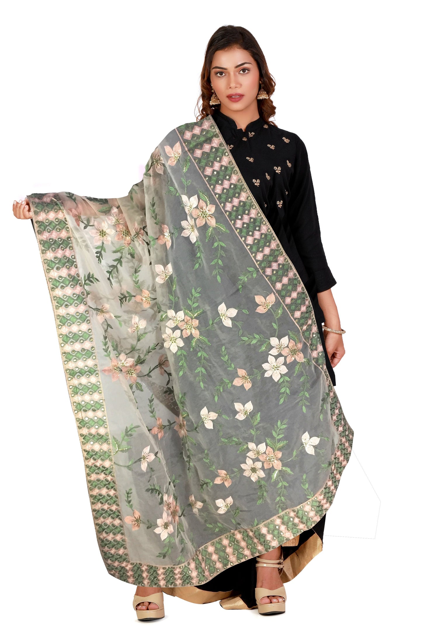 Peach Heavy Organza Dupatta with Embroidery