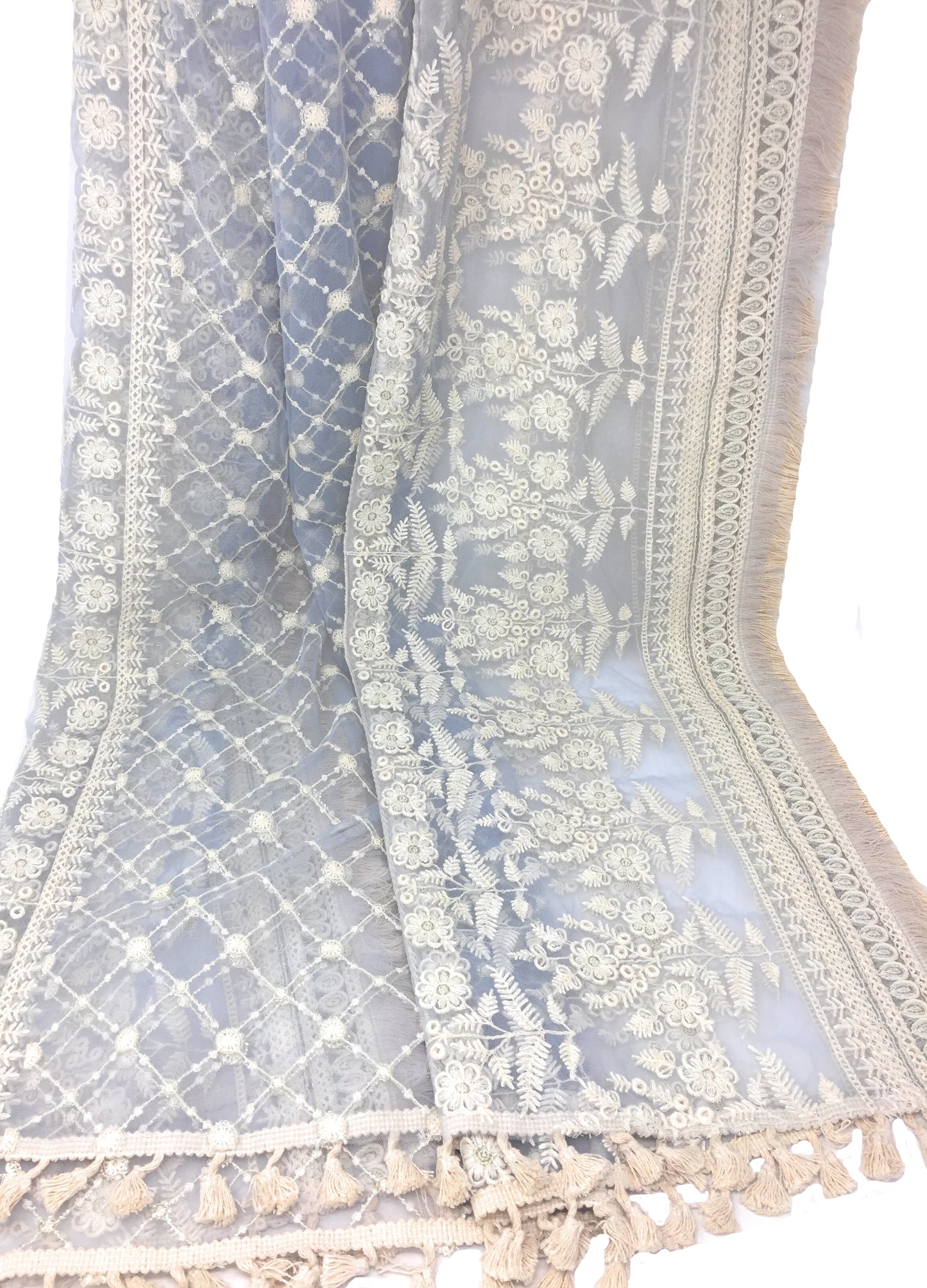 Delicate Designer Heavy Work Dupatta on Grey Net