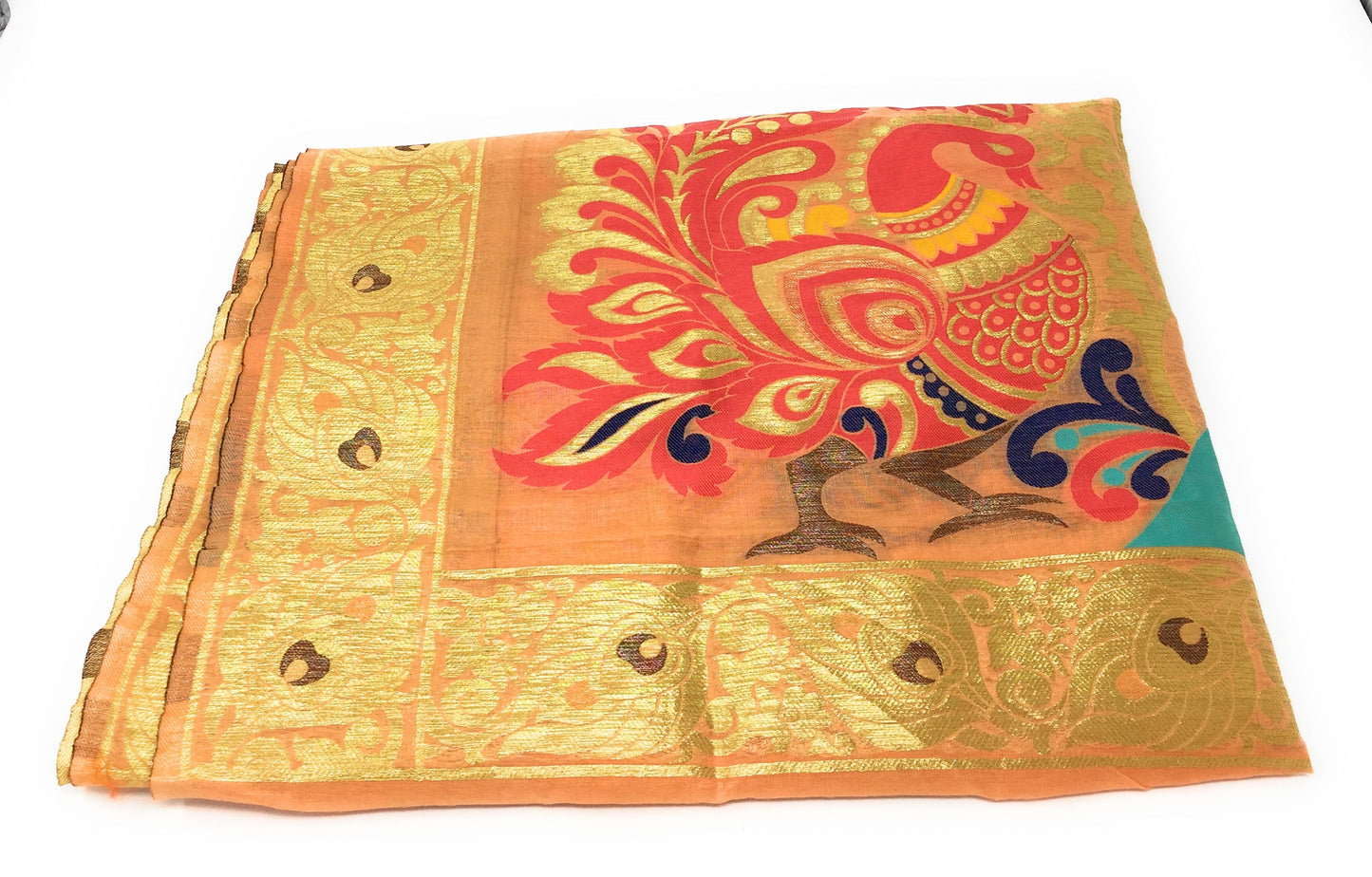 Dupatta party wear in Brocade work, Peach and Gold