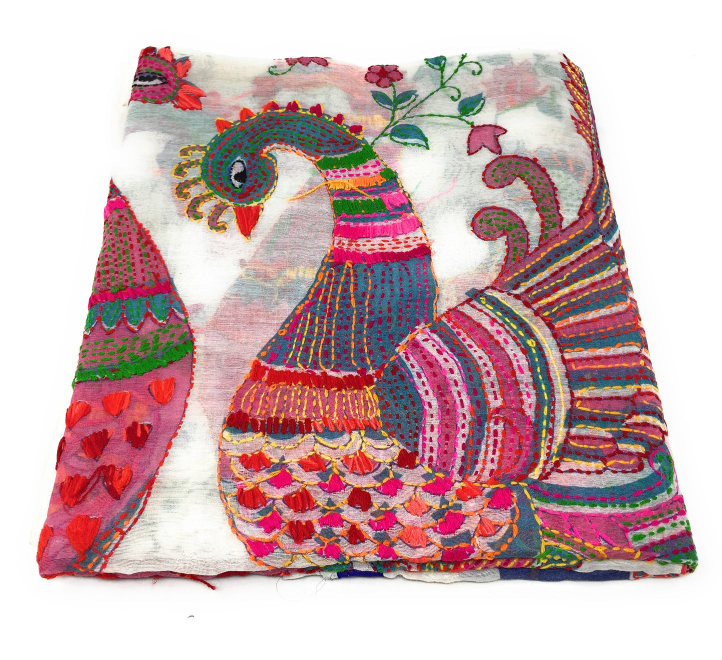 dupatta, Handwork, Embroidered, Printed Madhubani Work, Kantha Embroidery, peacock motif