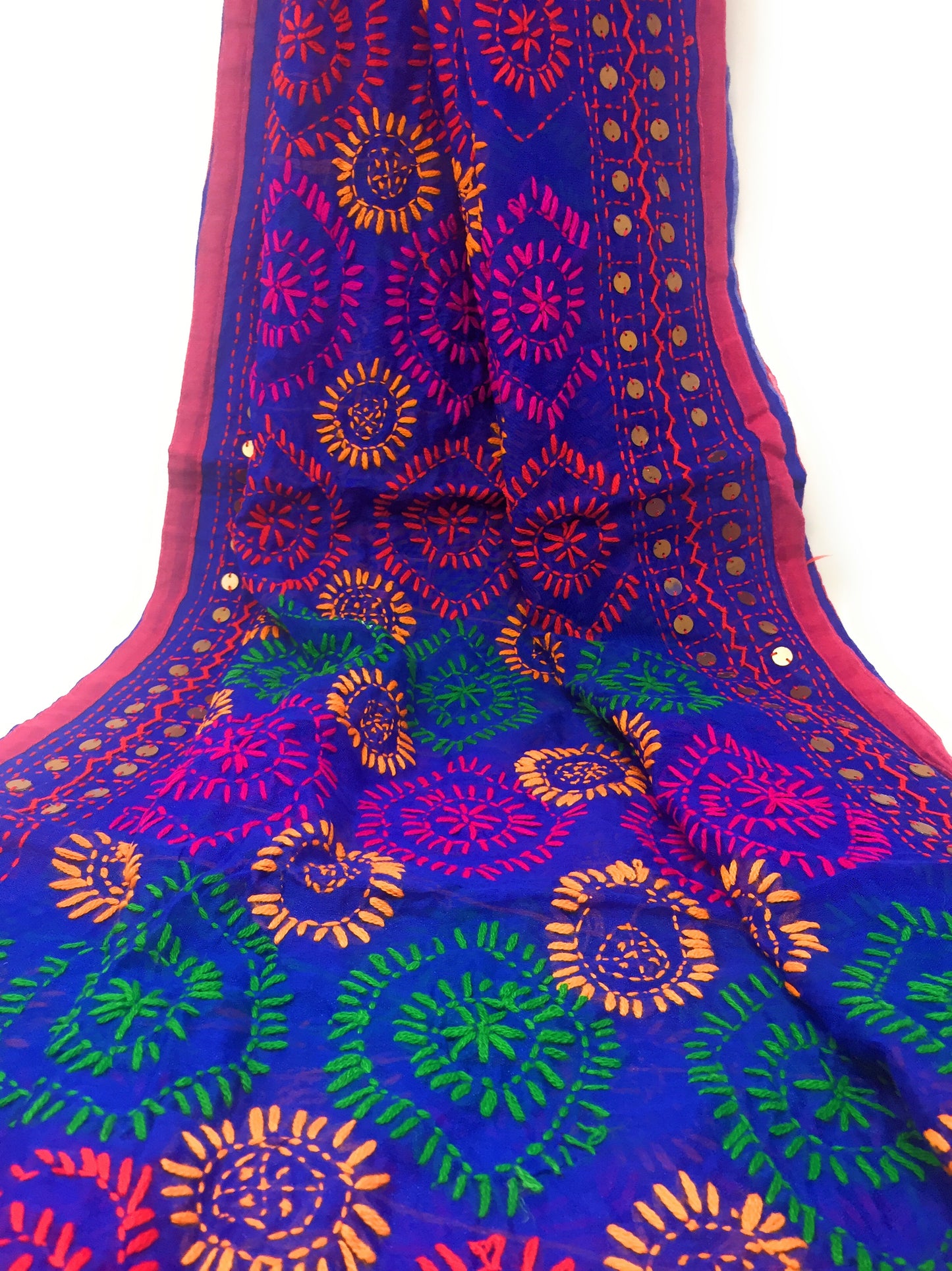Blue Embroidered Dupatta Multicolour Kantha Work