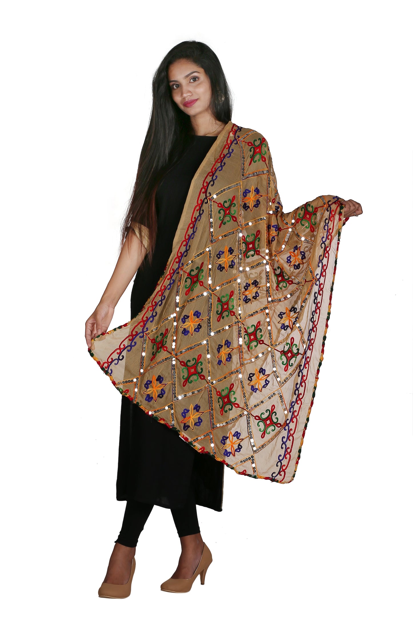 Beige Kutchi Embroidered Dupatta