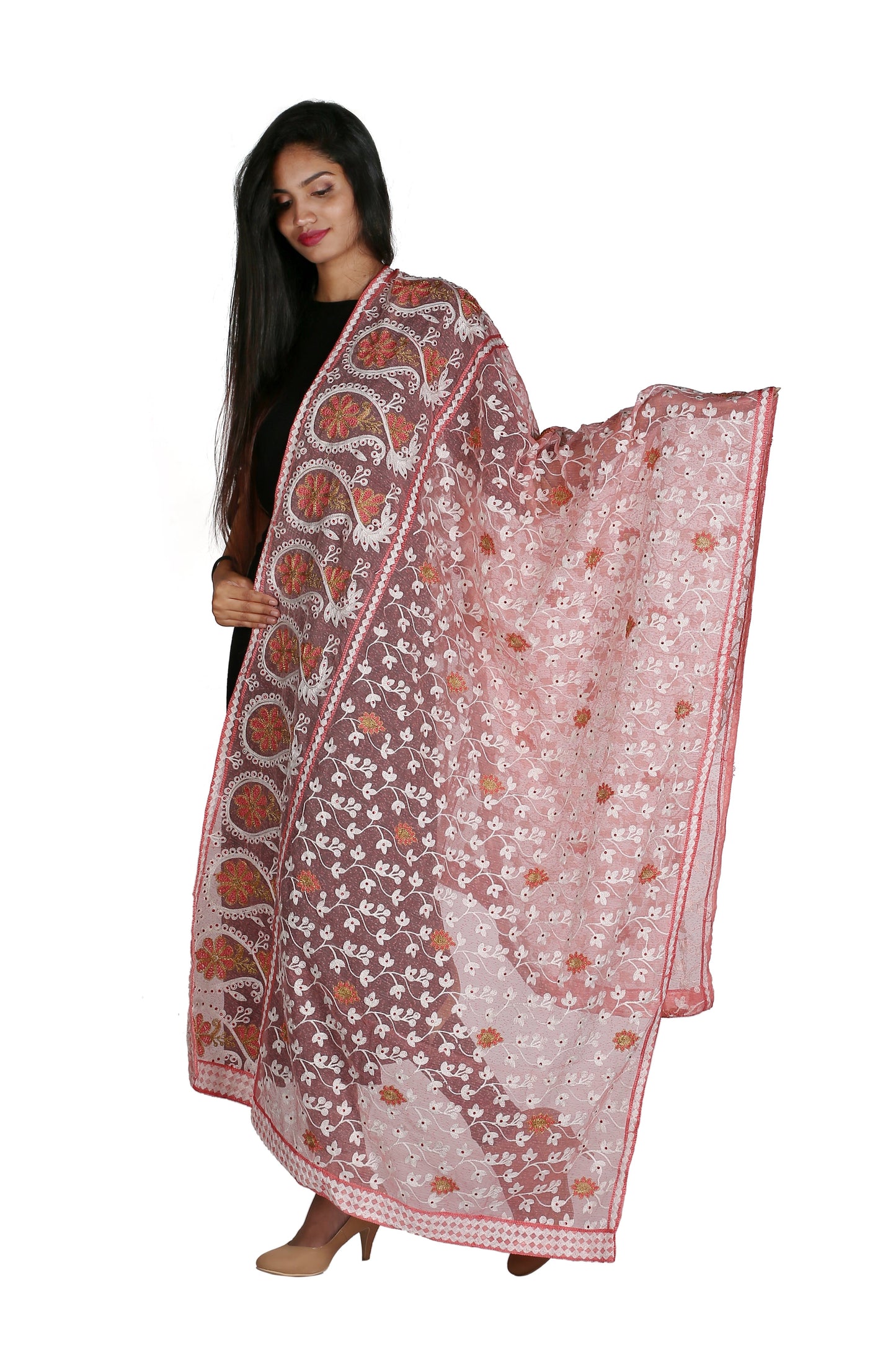 Buy 2 Get 1 Free Pink Off-White LightPink embroidered dupatta