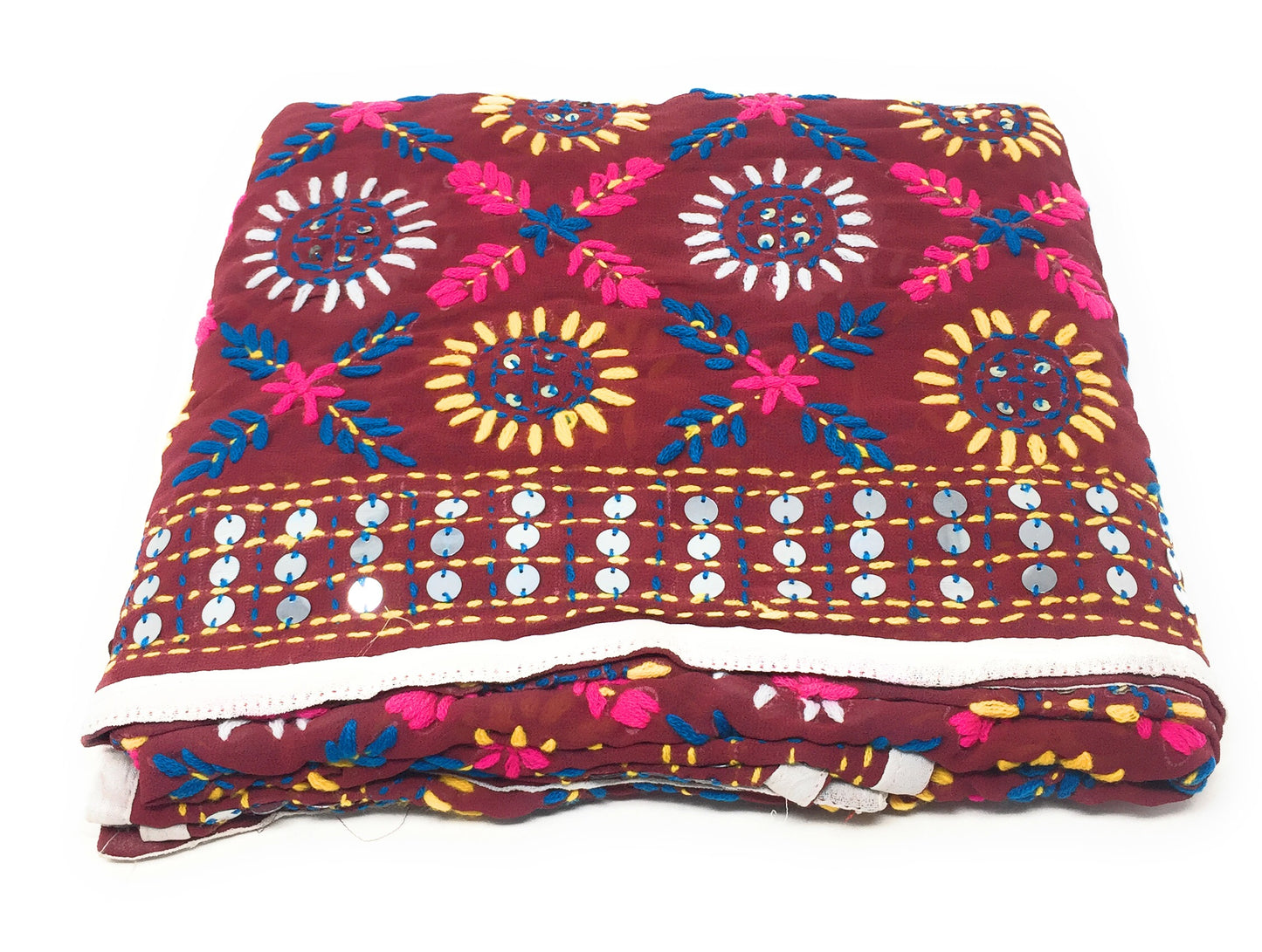 Hand Embroidery Phulkari Georgette Dupatta in Maroon n White Colour