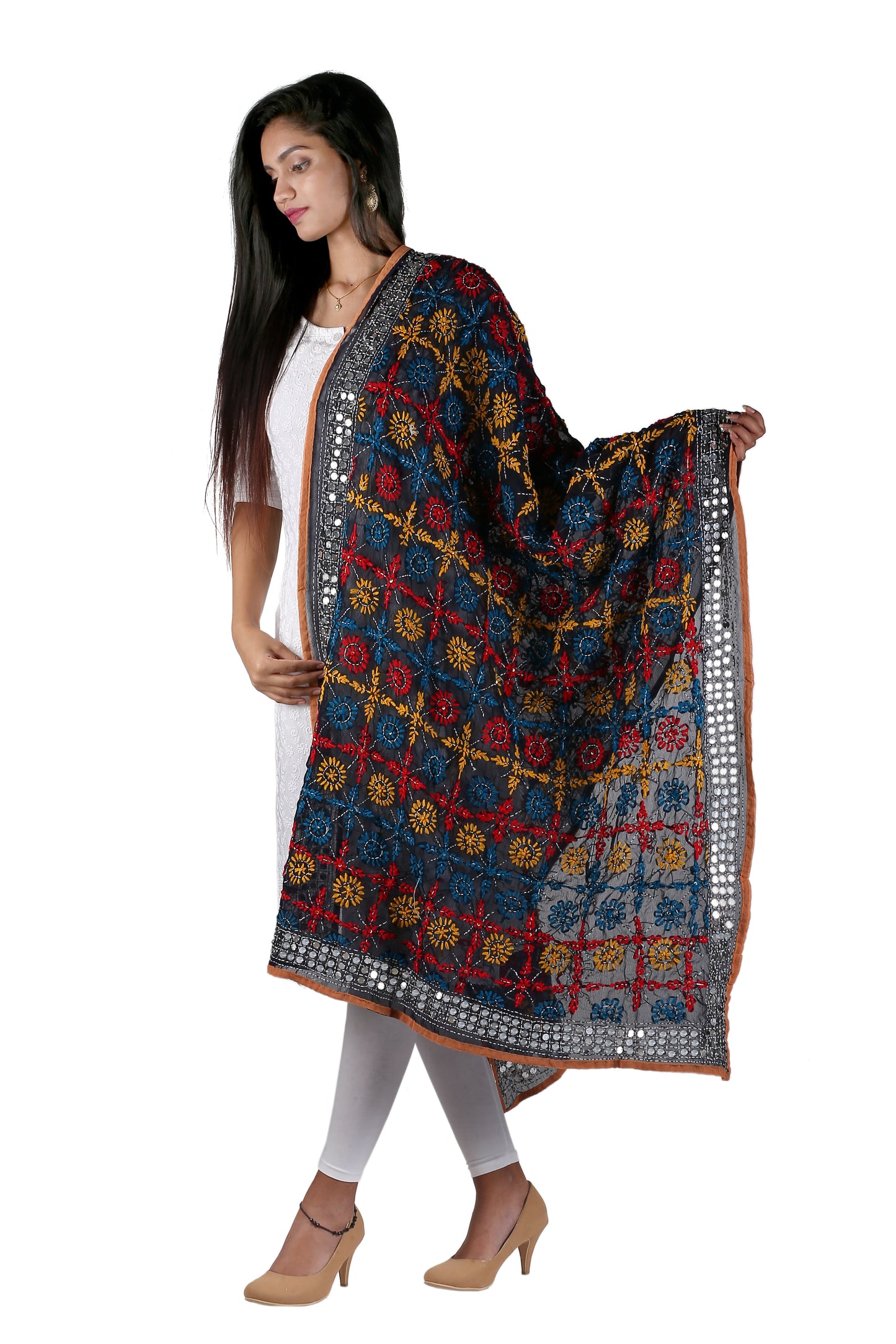 NavyBlue n White Ochre Phulkari Handwork Dupatta