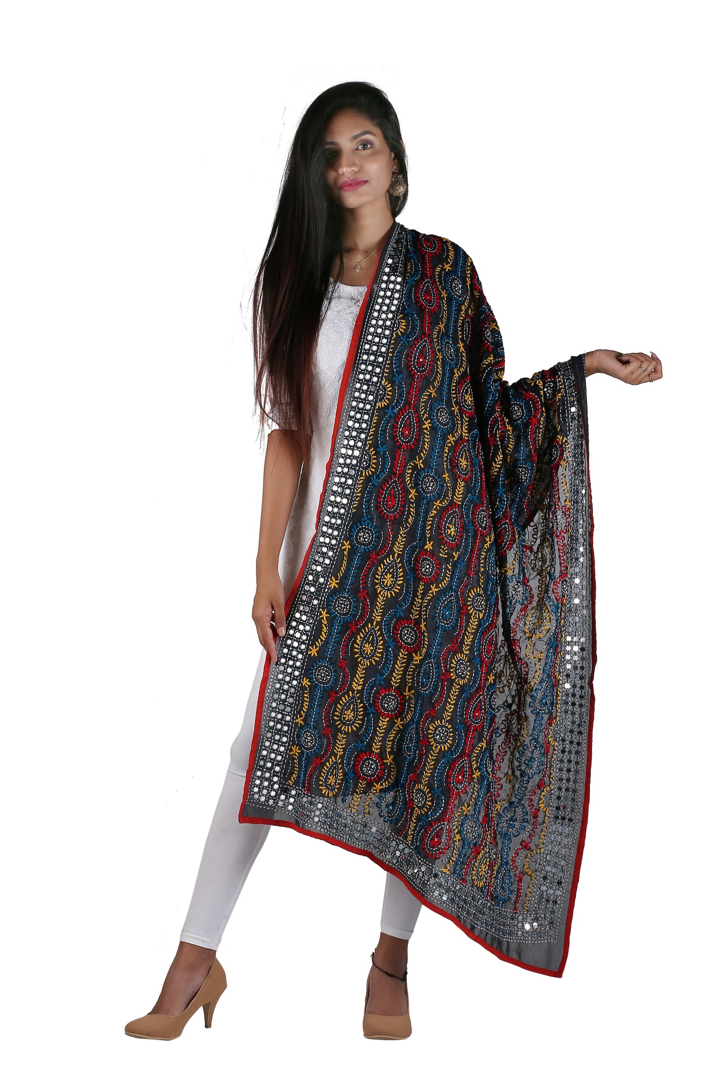 Black Orange Phulkari Handwork Dupatta