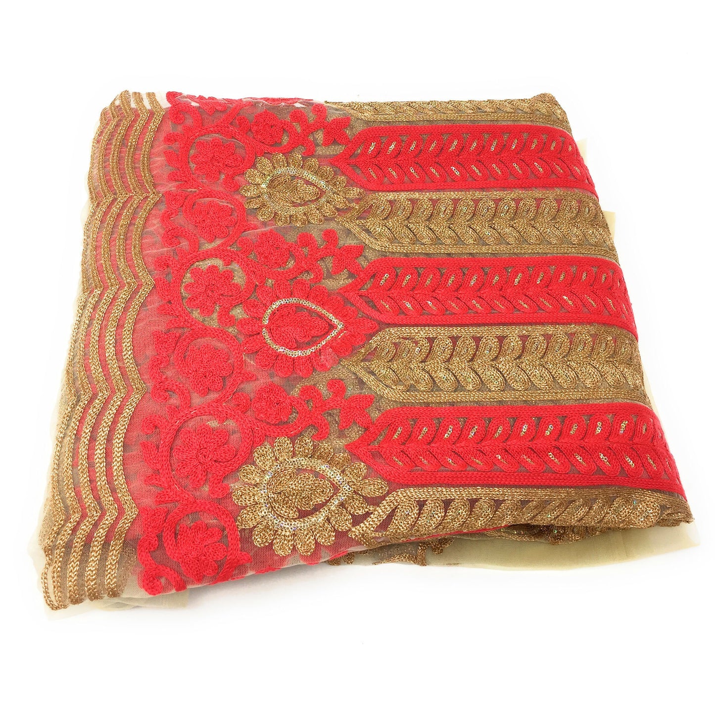 Net Tan Embroidered Fabric Material - By Meter
