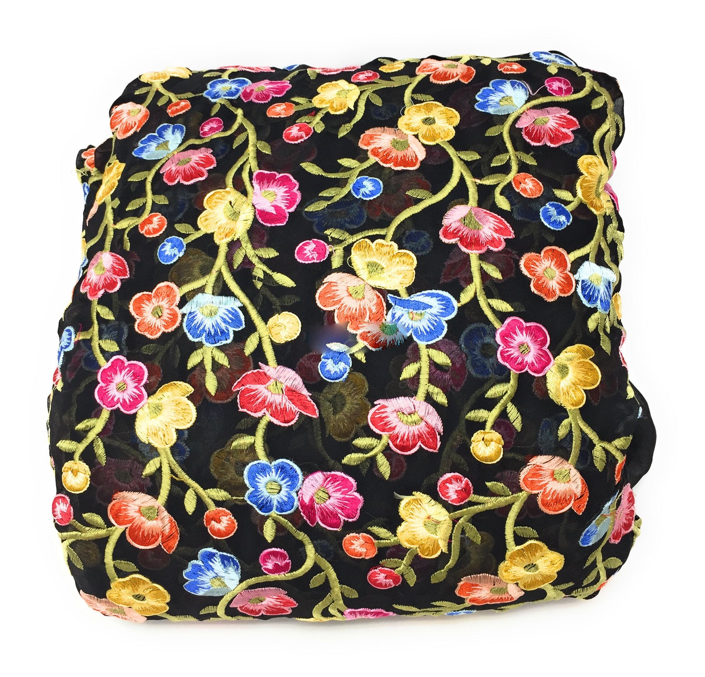 Embroidery On Georgette Fabric, Small Floral Embroidery In Multicolour Threads On Black
