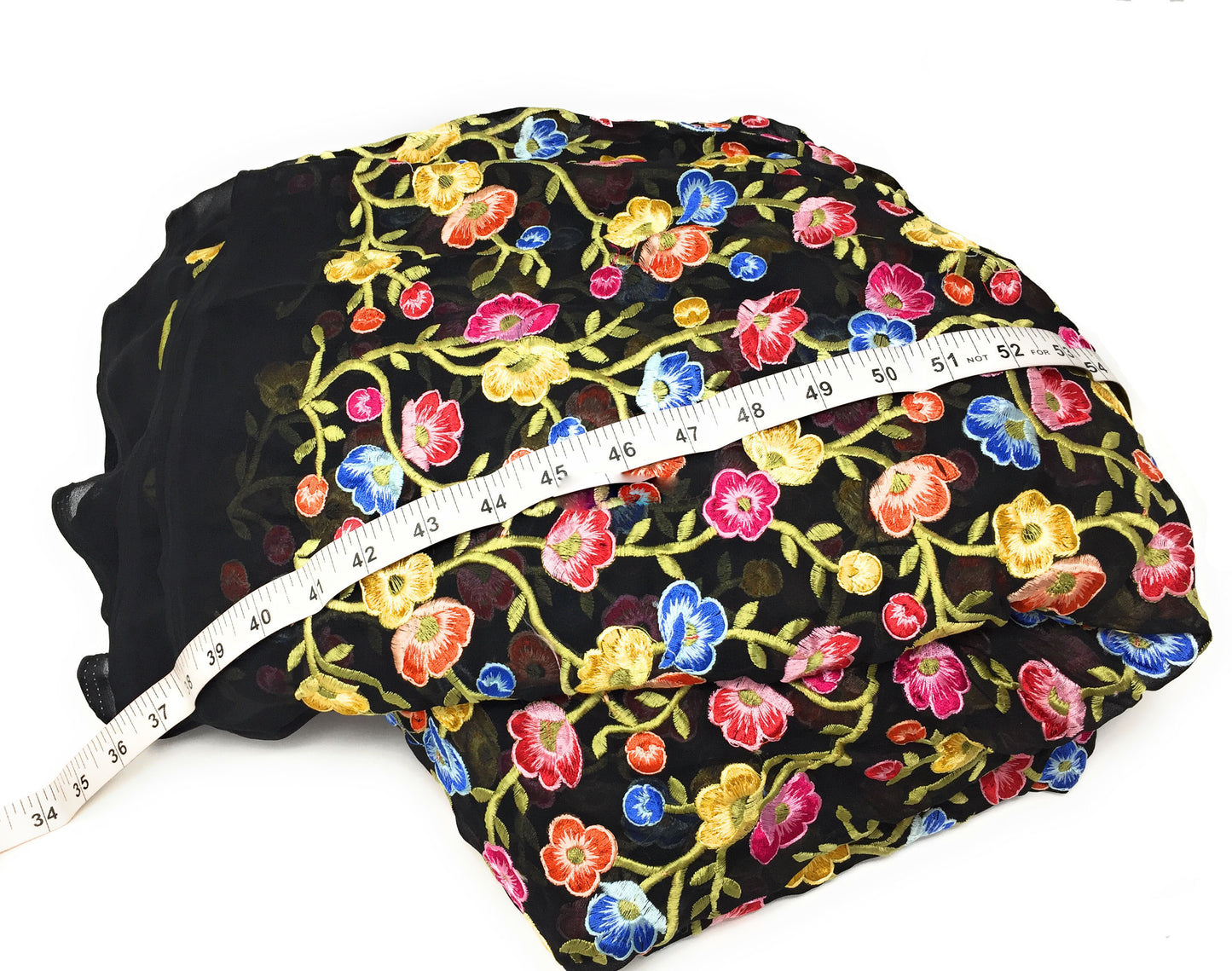 Embroidery On Georgette Fabric, Small Floral Embroidery In Multicolour Threads On Black