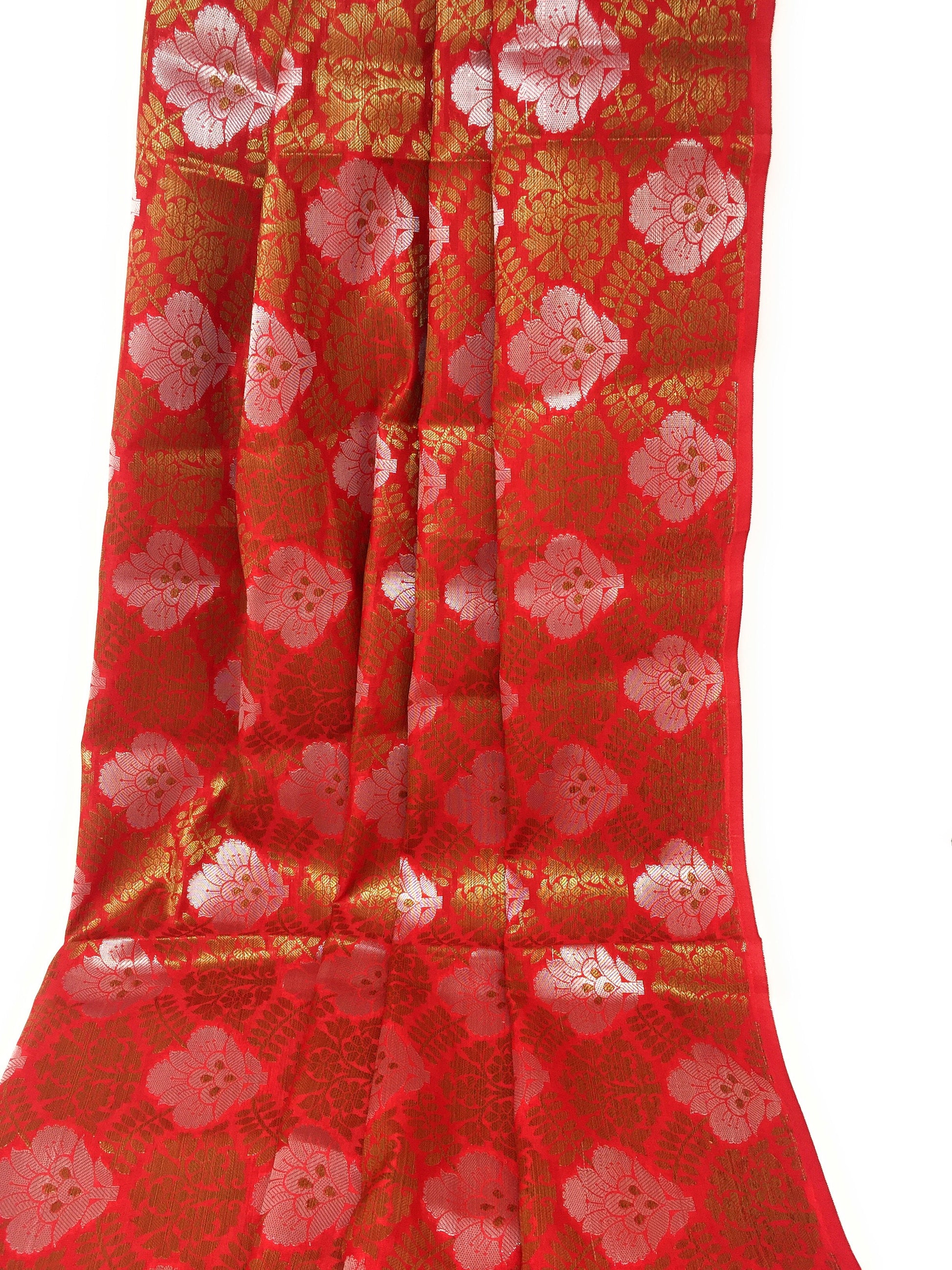 Red Floral Brocade Fabric, Silver Gold Jacquard Work