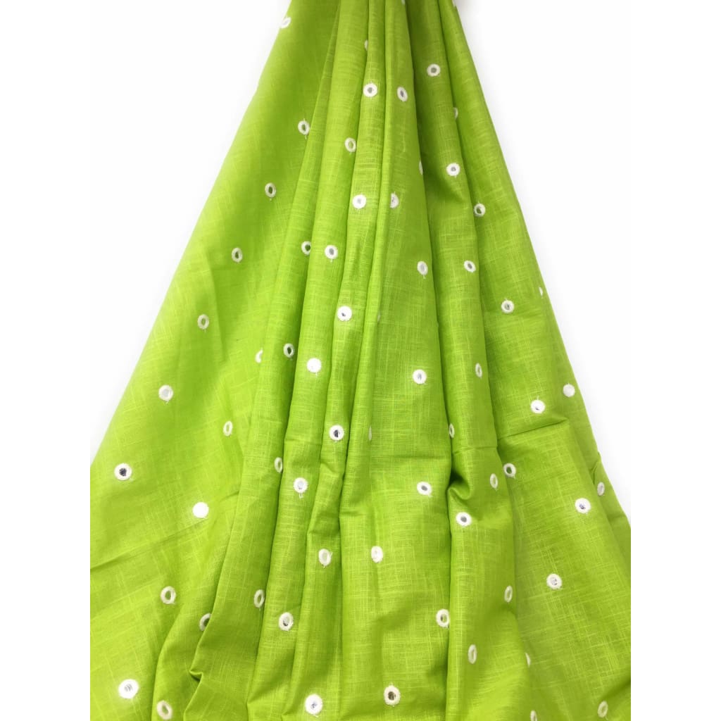 Green Mirror Work Cotton Fabric for Blouse Kurti - fabric Silver Paper Mirror Embroidery Bandhani Look Mirrorfabric_cotton