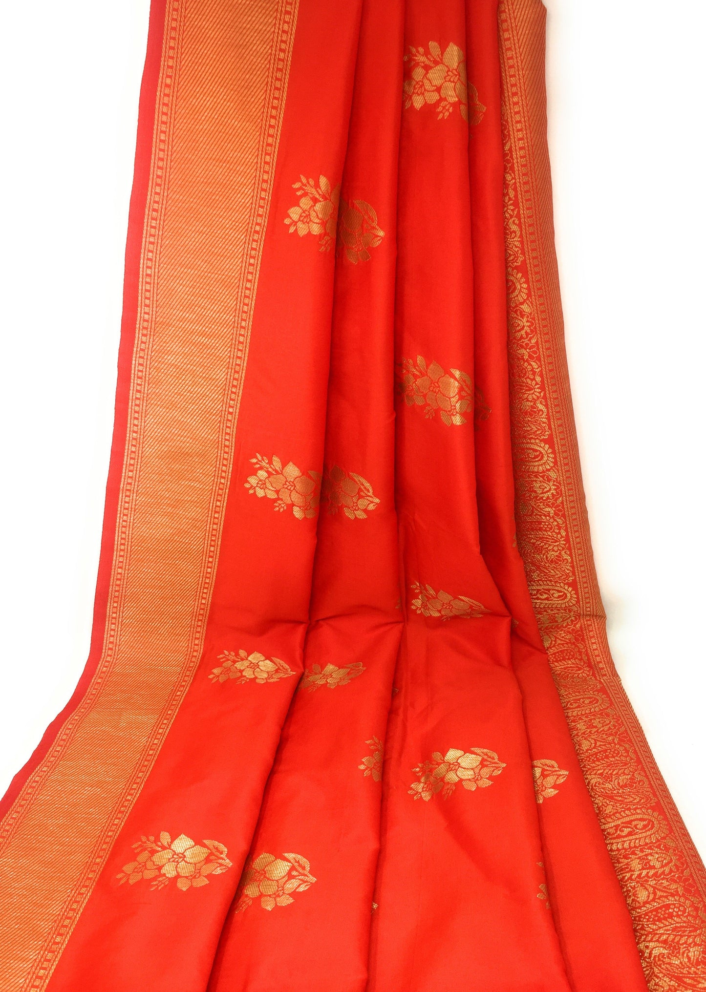 Brocade Fabric In Tomato Red And Gold