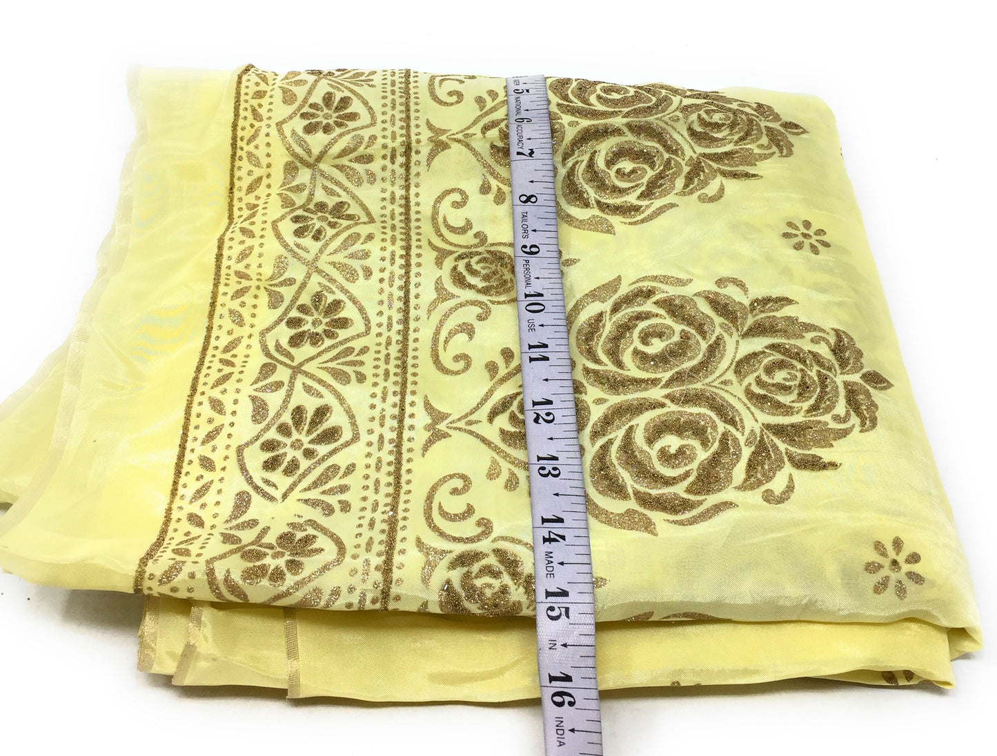 Yellow Uppada Silk Fabric With Floral Work In Beads Cloth By The Yard - 1.5 Meter