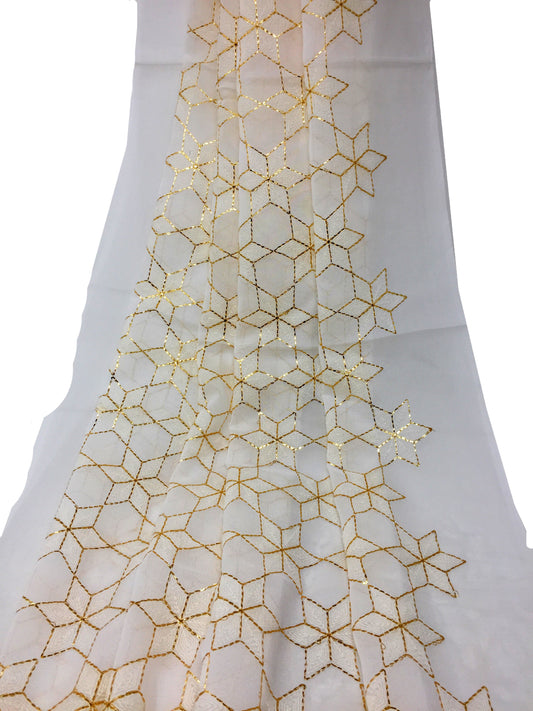 White Embroidered Georgette Fabric With White And Gold Embroidery