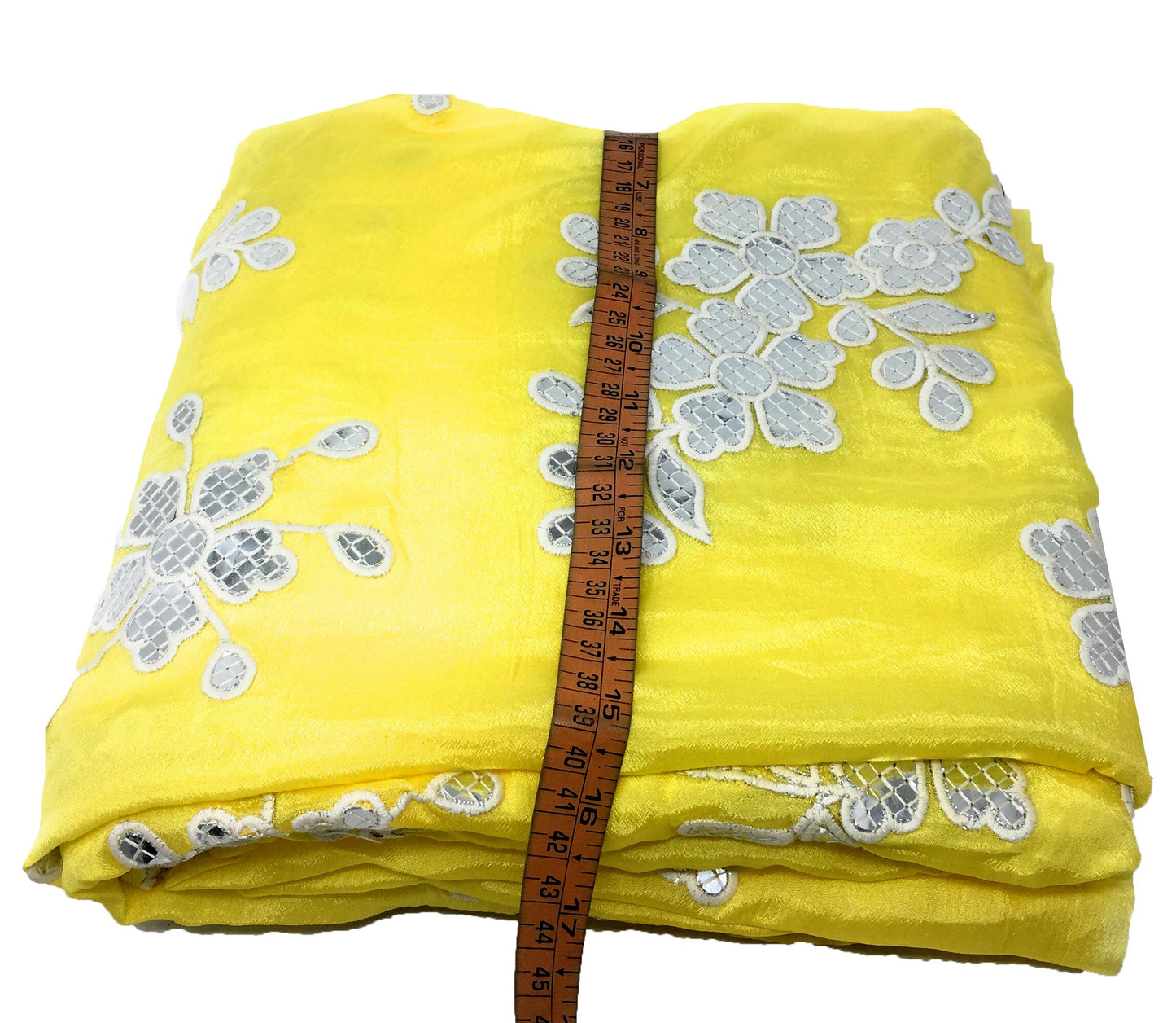 Silver Gota Patti Floral Work On Yellow Chiffon Fabric Cloth Material Online - 1.5 Meter