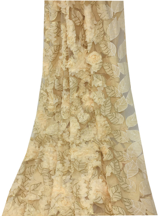 Net Cream Embroidered Fabric Material - By Meter