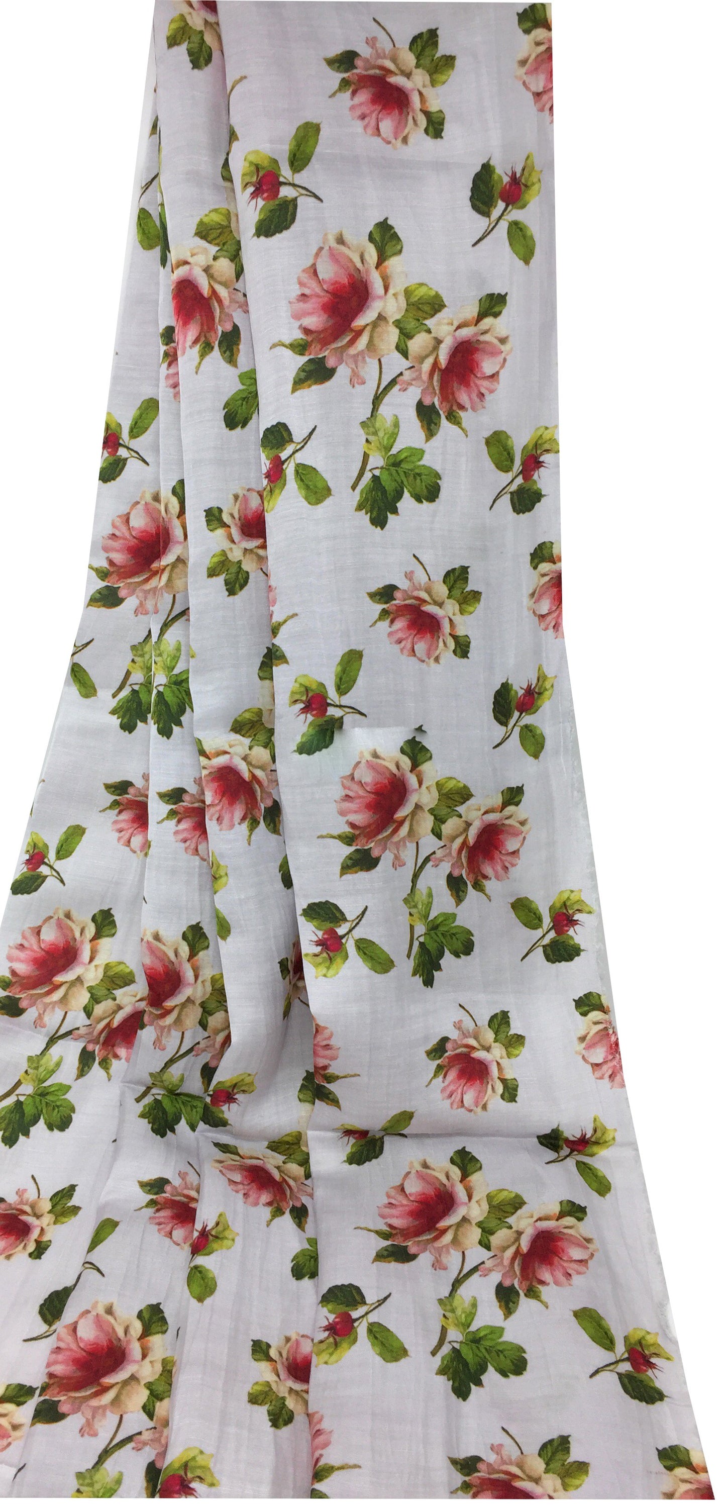 White Floral Print Linen Satin Fabric