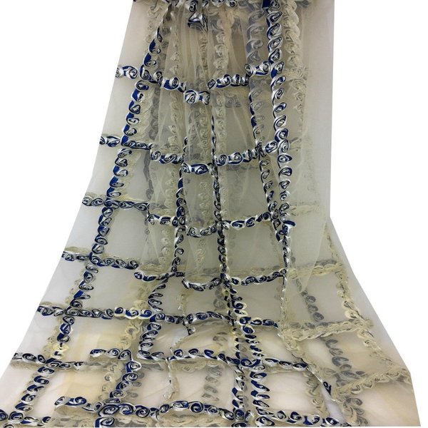 3D Rose Ribbon Embroidery On White Net Mesh Fabric