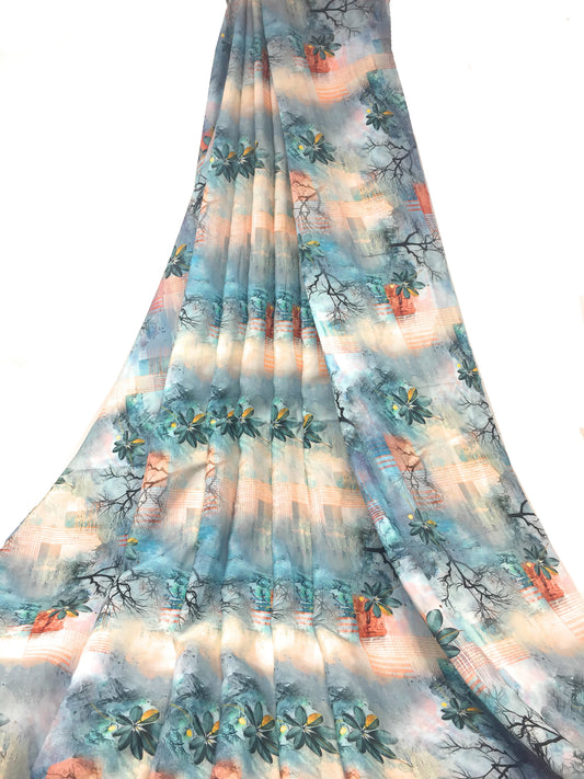 Multicolour Light Blue Indian Print Modal Satin Fabric