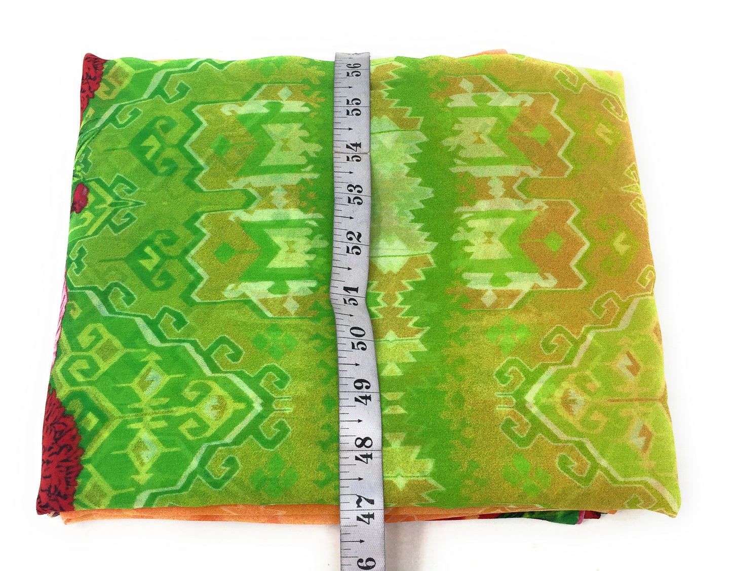 Ikat and Floral Printed in Green n Red on Georgette Fabric