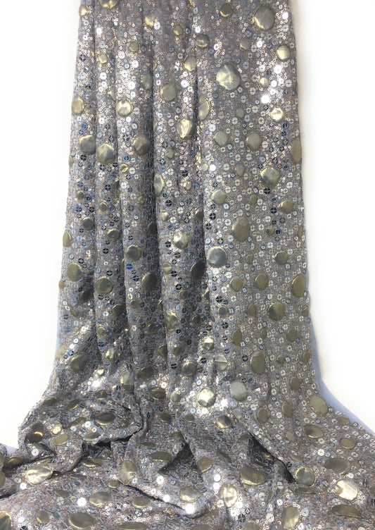 Grayish Blue Gold Sequence Fabric Material on Georgette