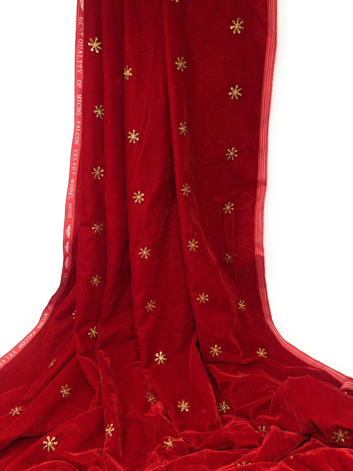 Red Velvet Fabric, Gold Sequin Embroidery Material by meter