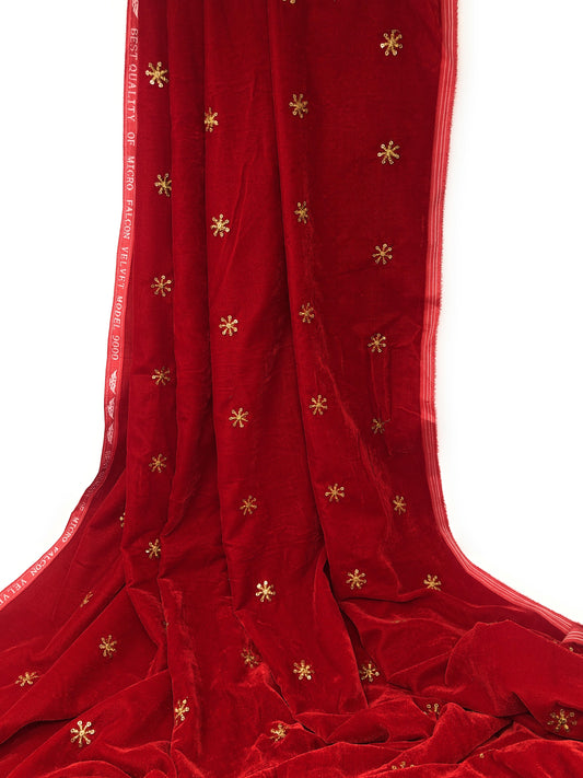 Red Velvet Fabric, Gold Sequin Embroidery Material by meter
