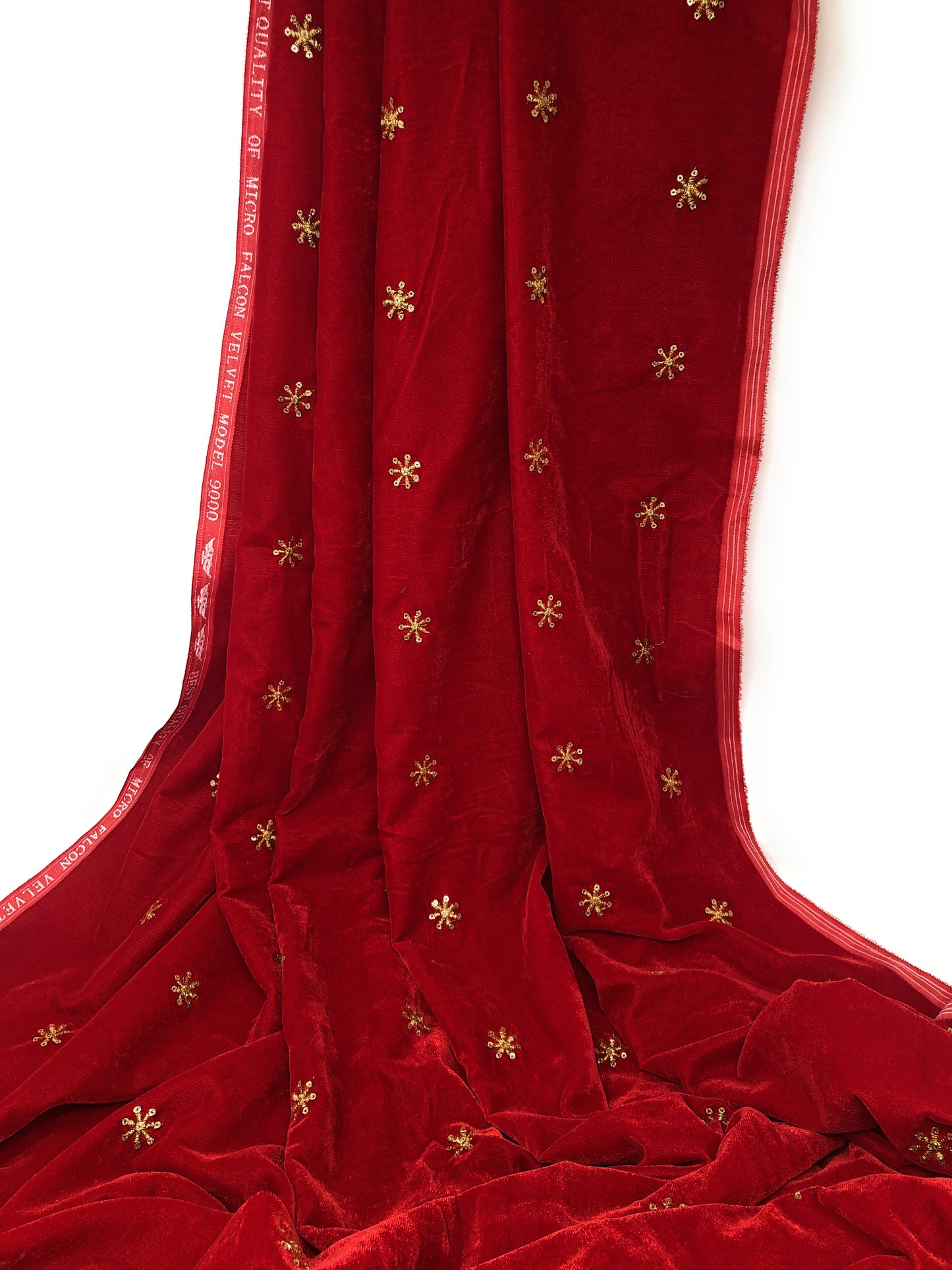 Red Velvet Fabric, Gold Sequin Embroidery Material by meter