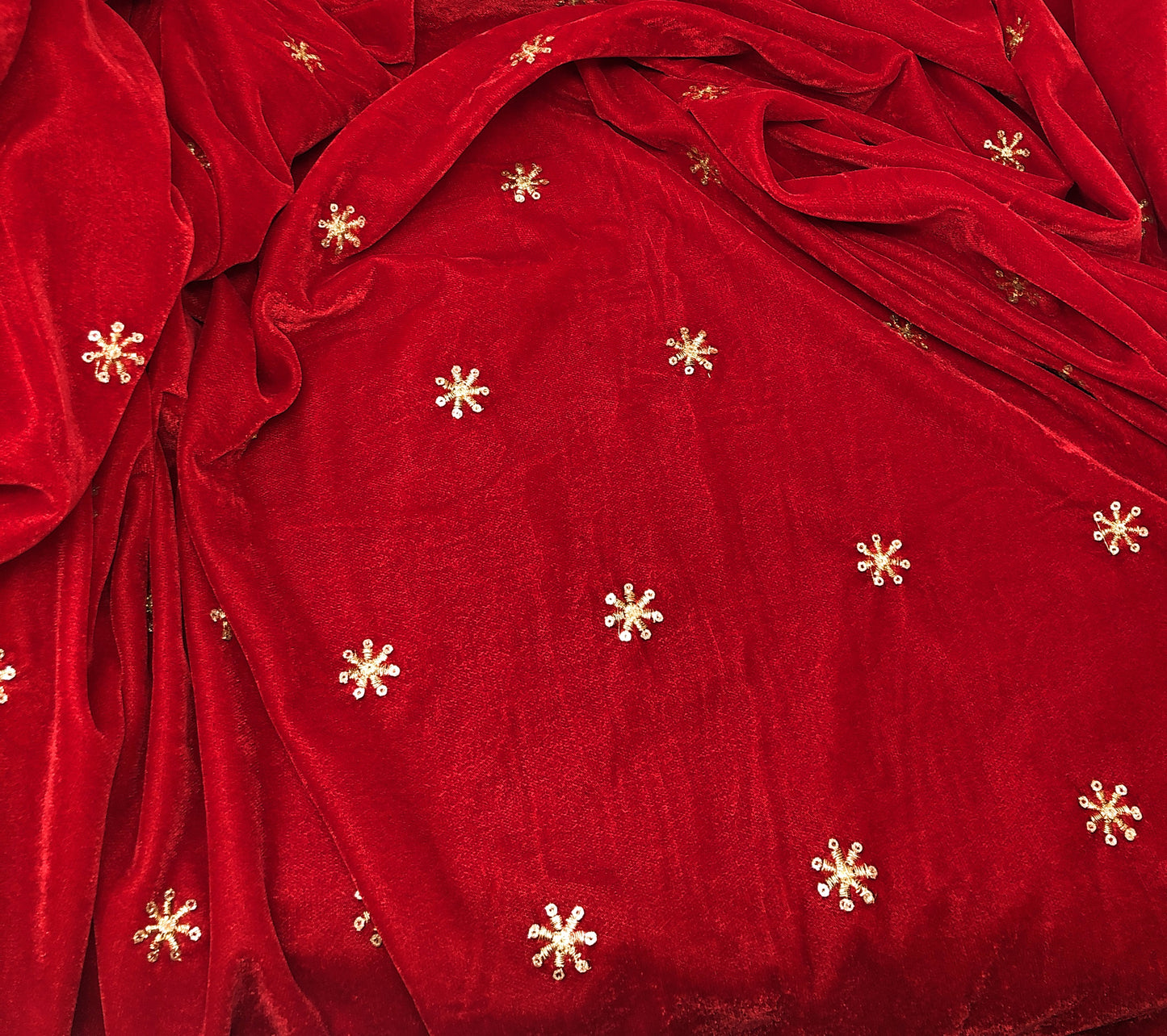 Red Velvet Fabric, Gold Sequin Embroidery Material by meter