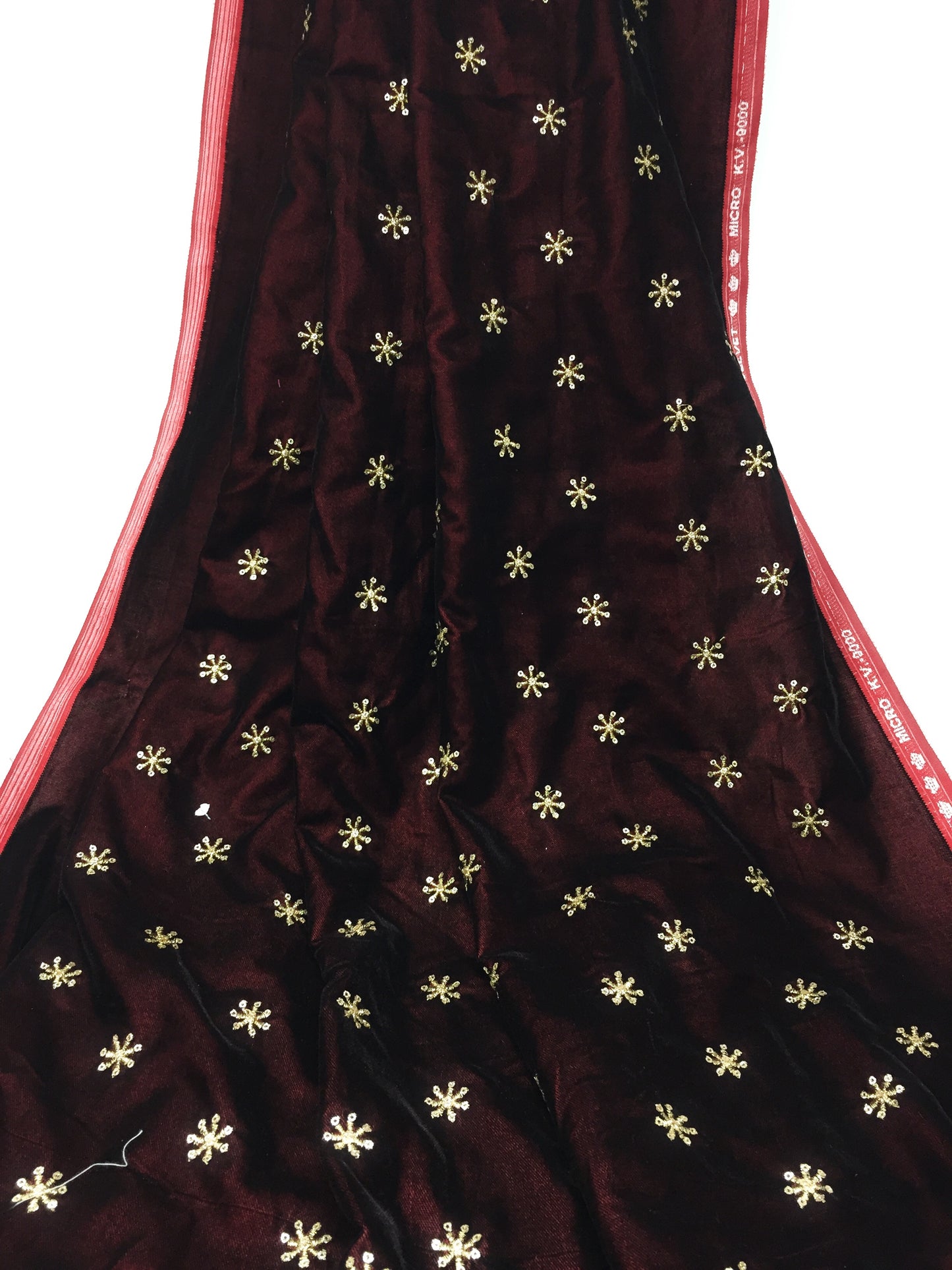 Maroon Velvet Fabric, Gold Sequin Embroidery Material by meter
