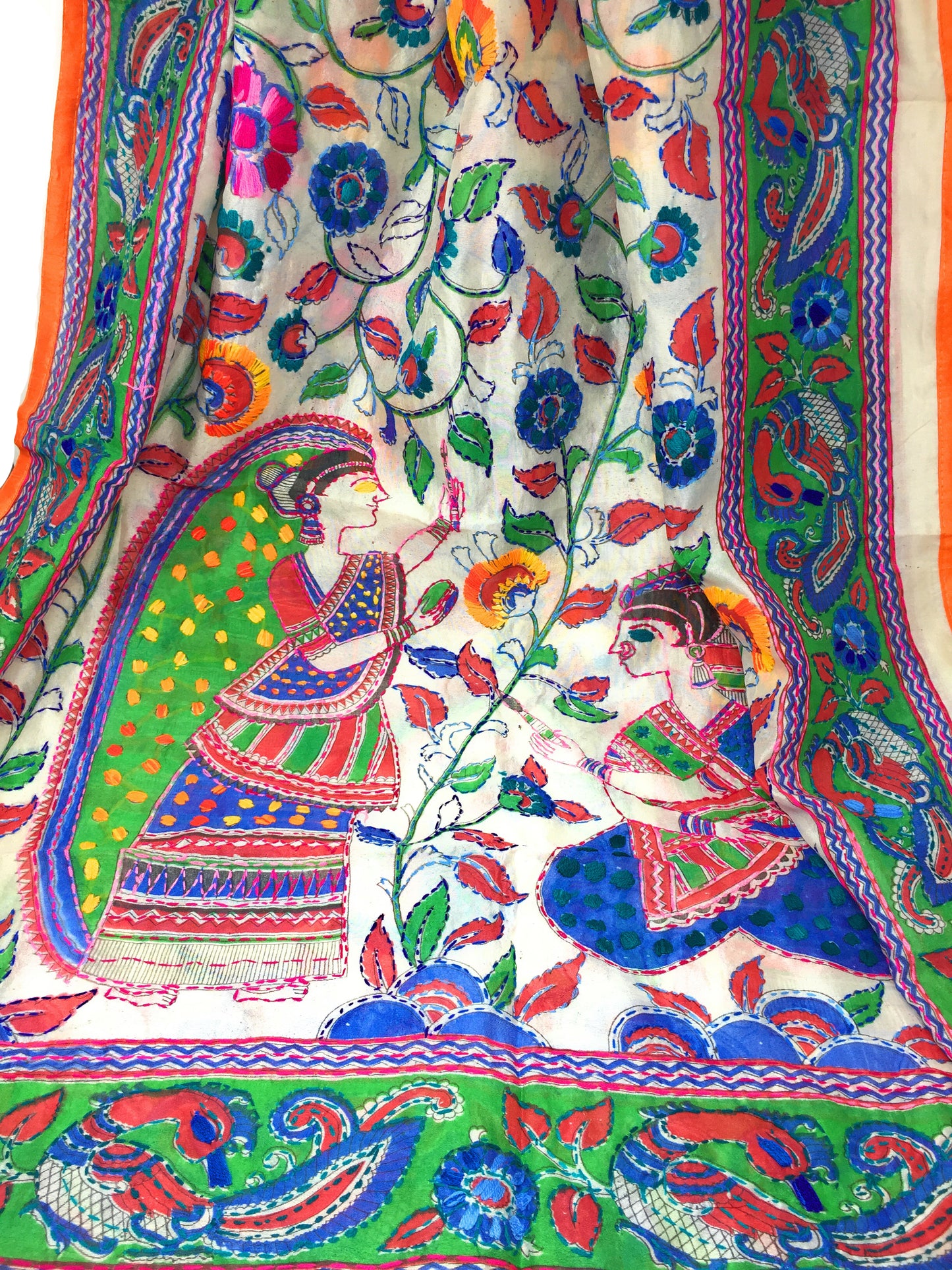 Kantha Stitch Dupatta on Madhubani Motifs