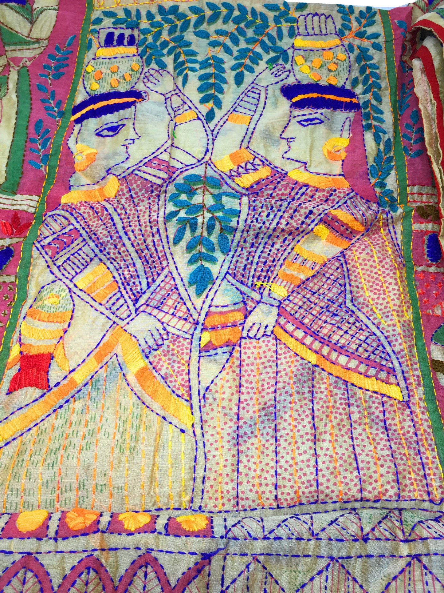 Cotton Embroidery Dupatta Kantha Work on Madhubani Painting