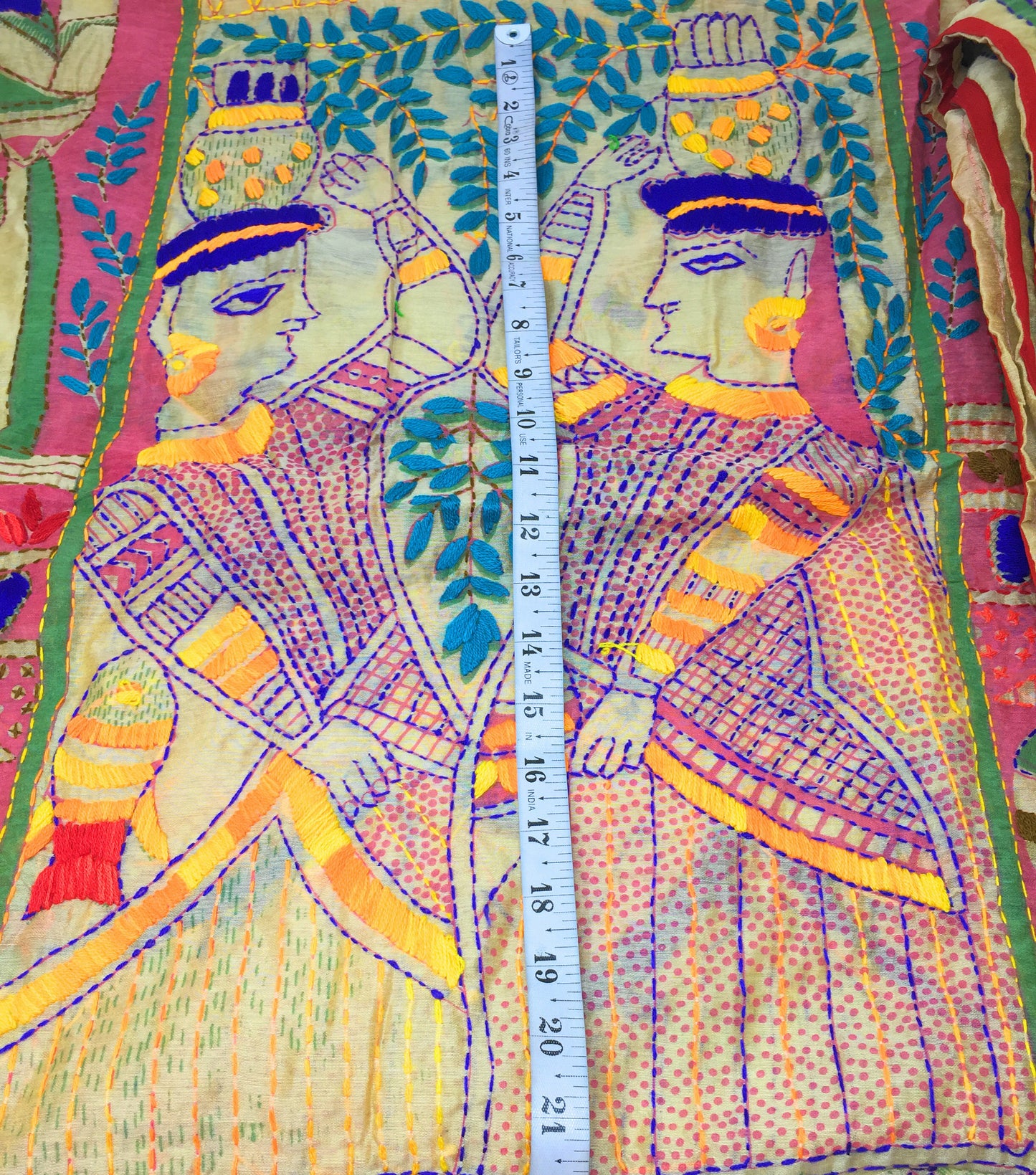 Cotton Embroidery Dupatta Kantha Work on Madhubani Painting