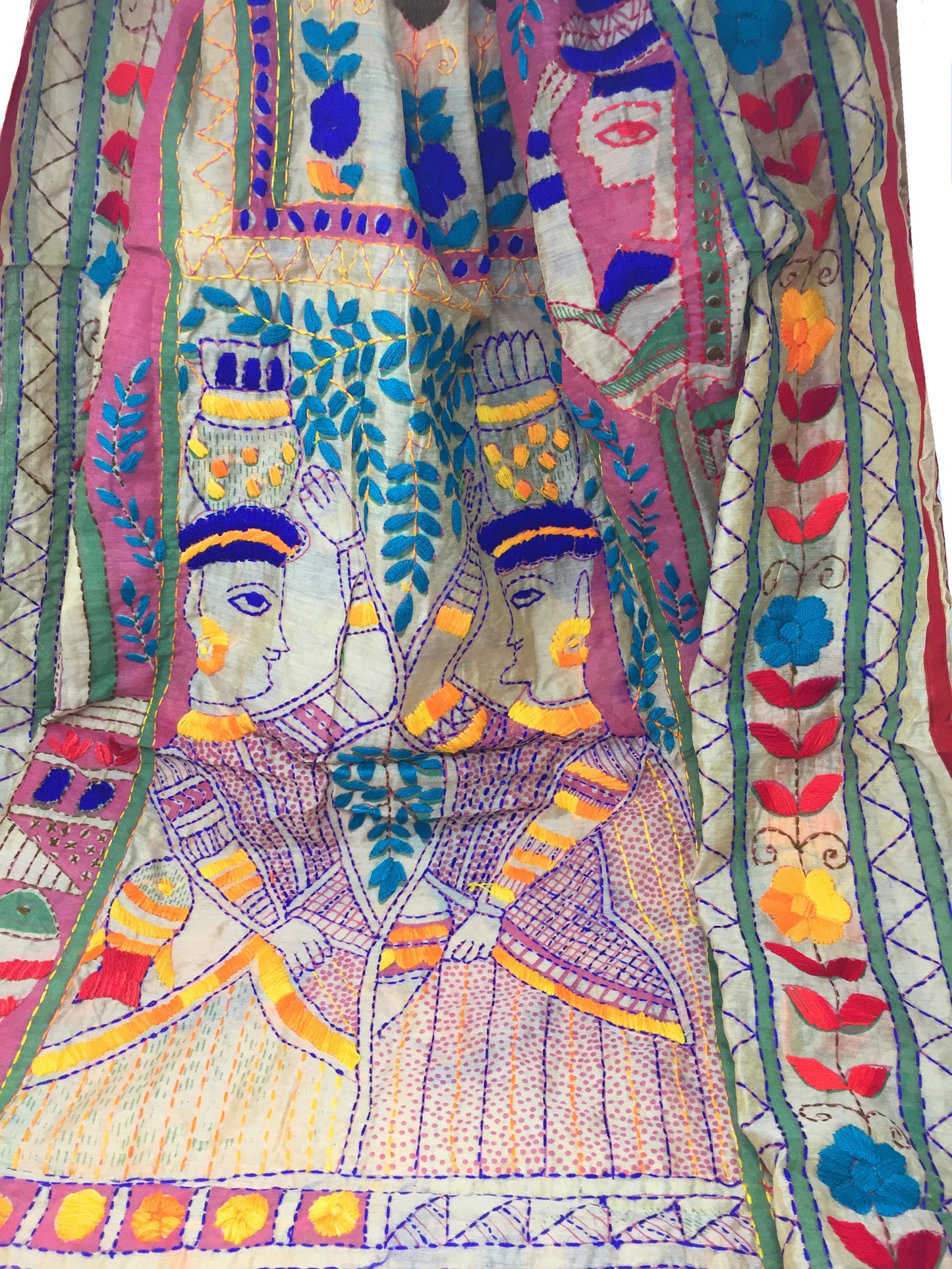 Cotton Embroidery Dupatta Kantha Work on Madhubani Painting
